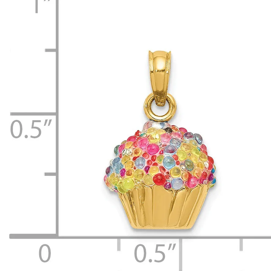 14k Yellow Gold 3D Bead Icing Cupcake Pendant