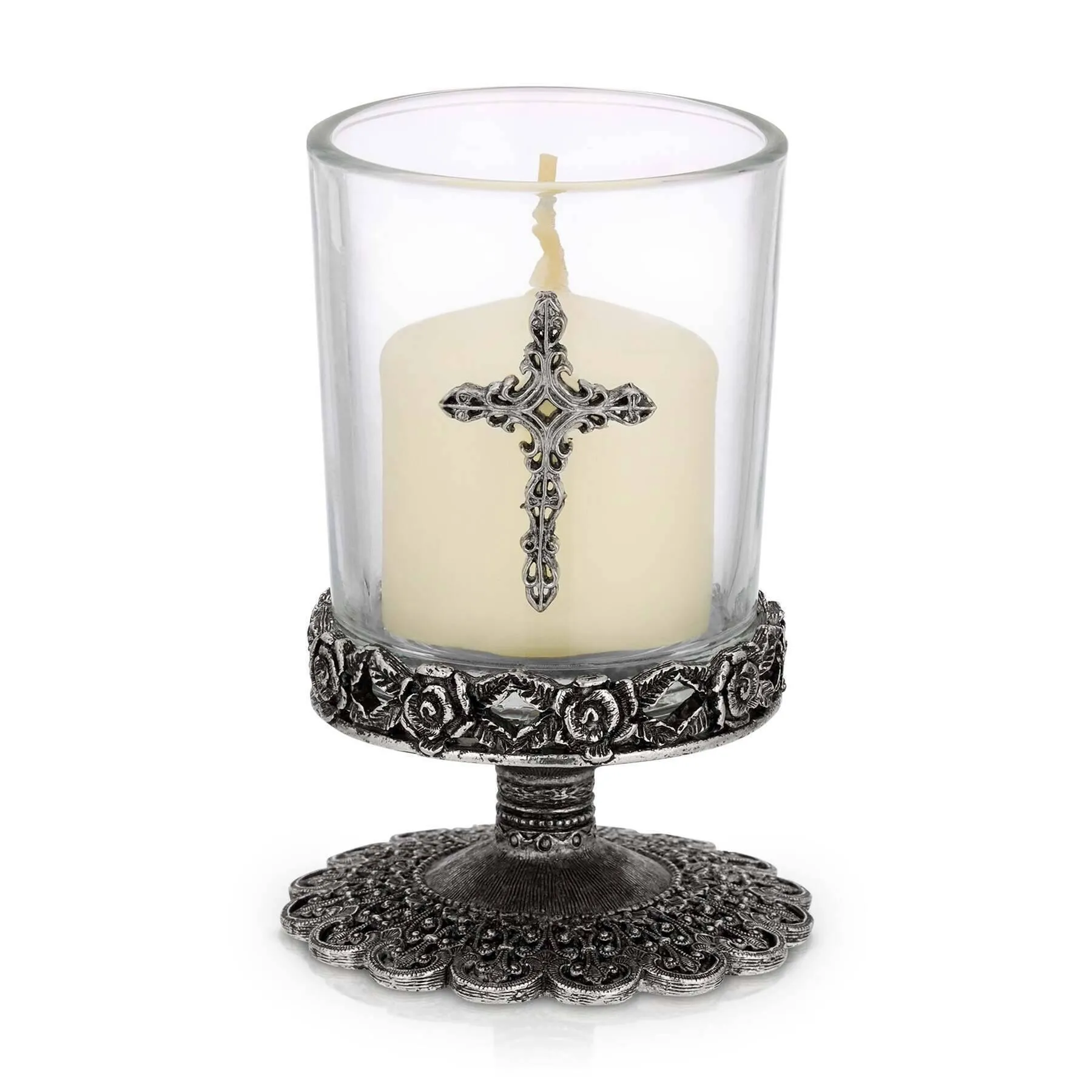 1928 Jewelry Deco Rose And Cross Glass Candle Holder