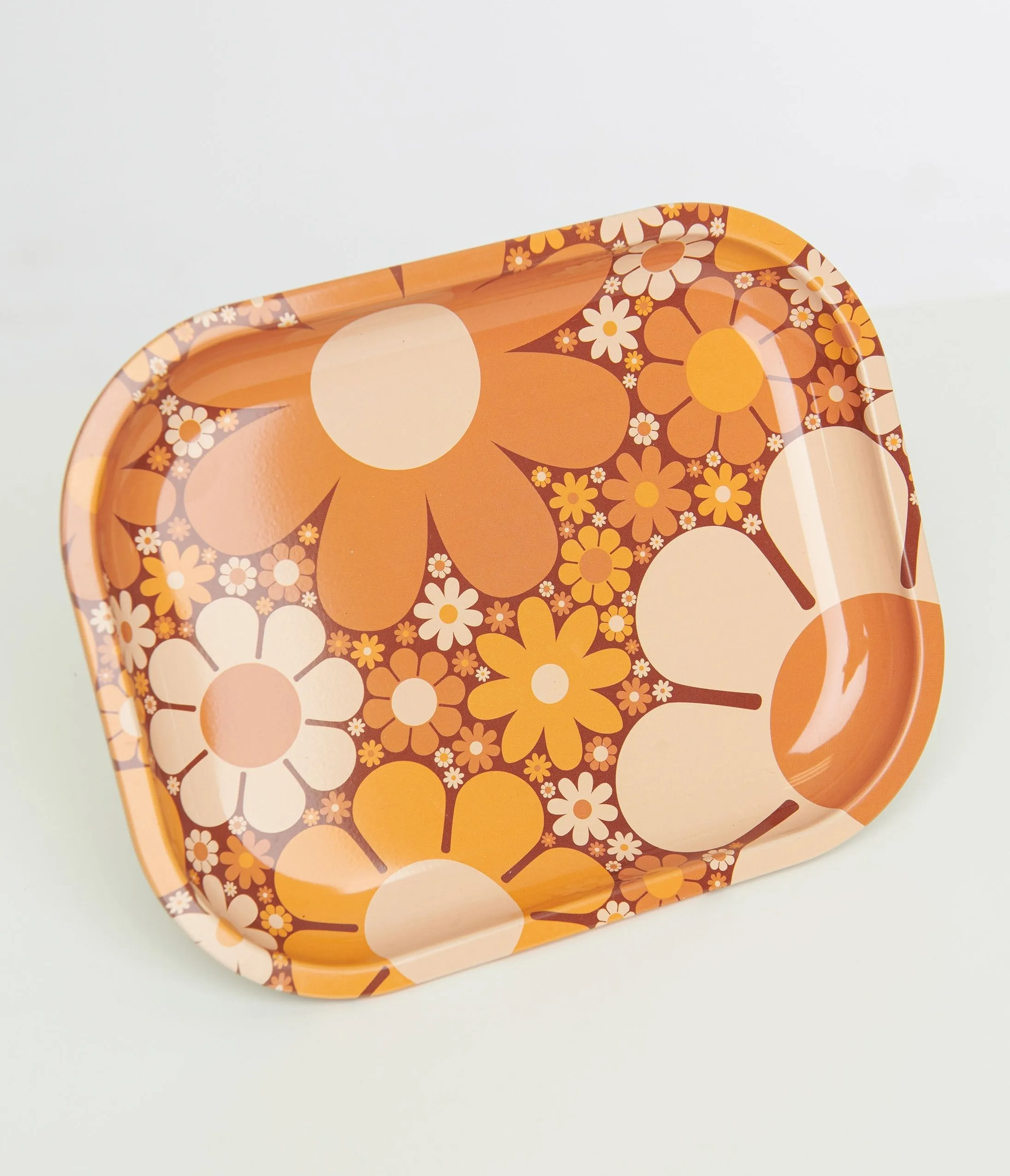 1970s Orange Floral Metal Tray