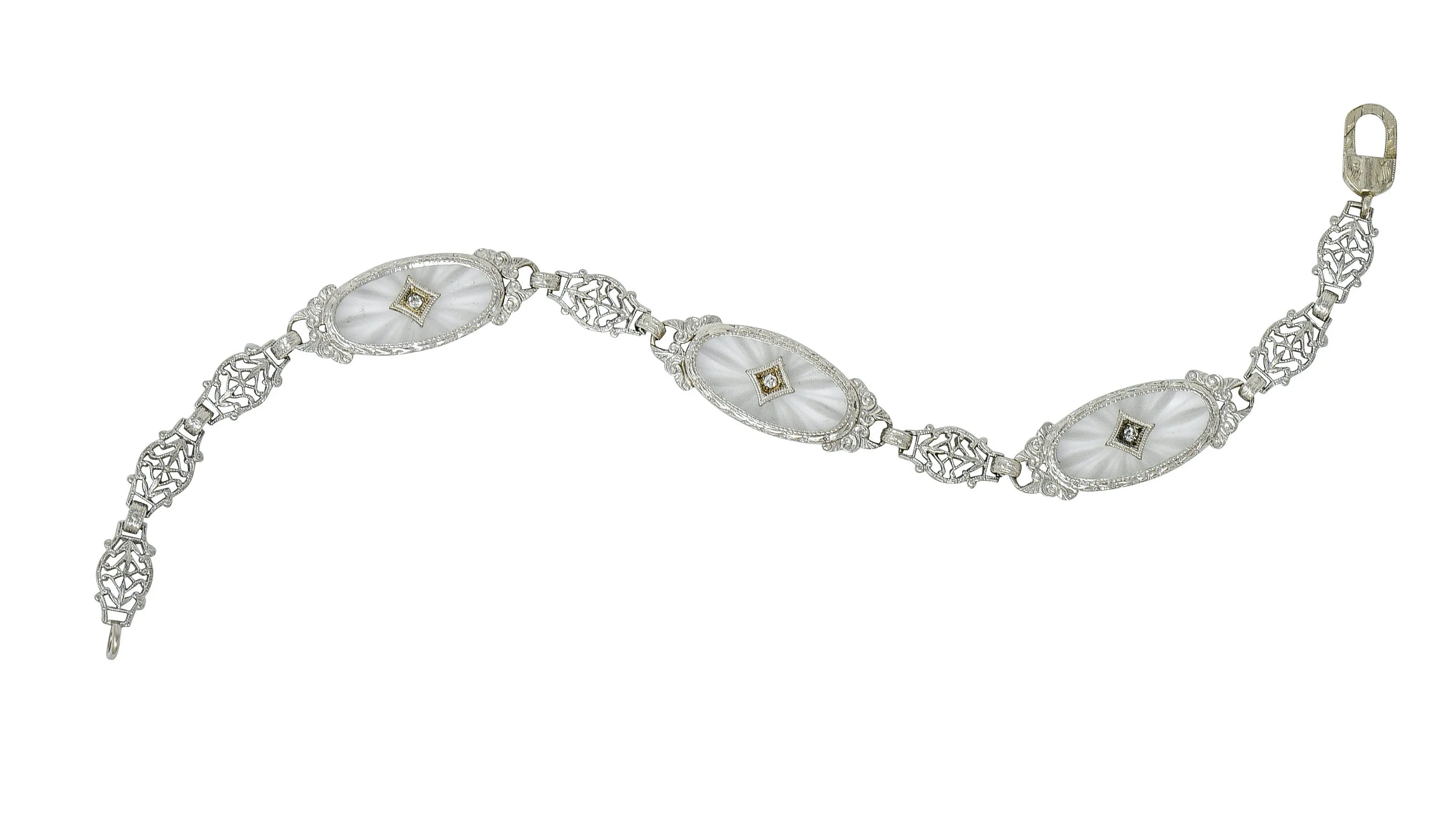 Art Deco Camphor Glass Diamond Platinum Link Bracelet