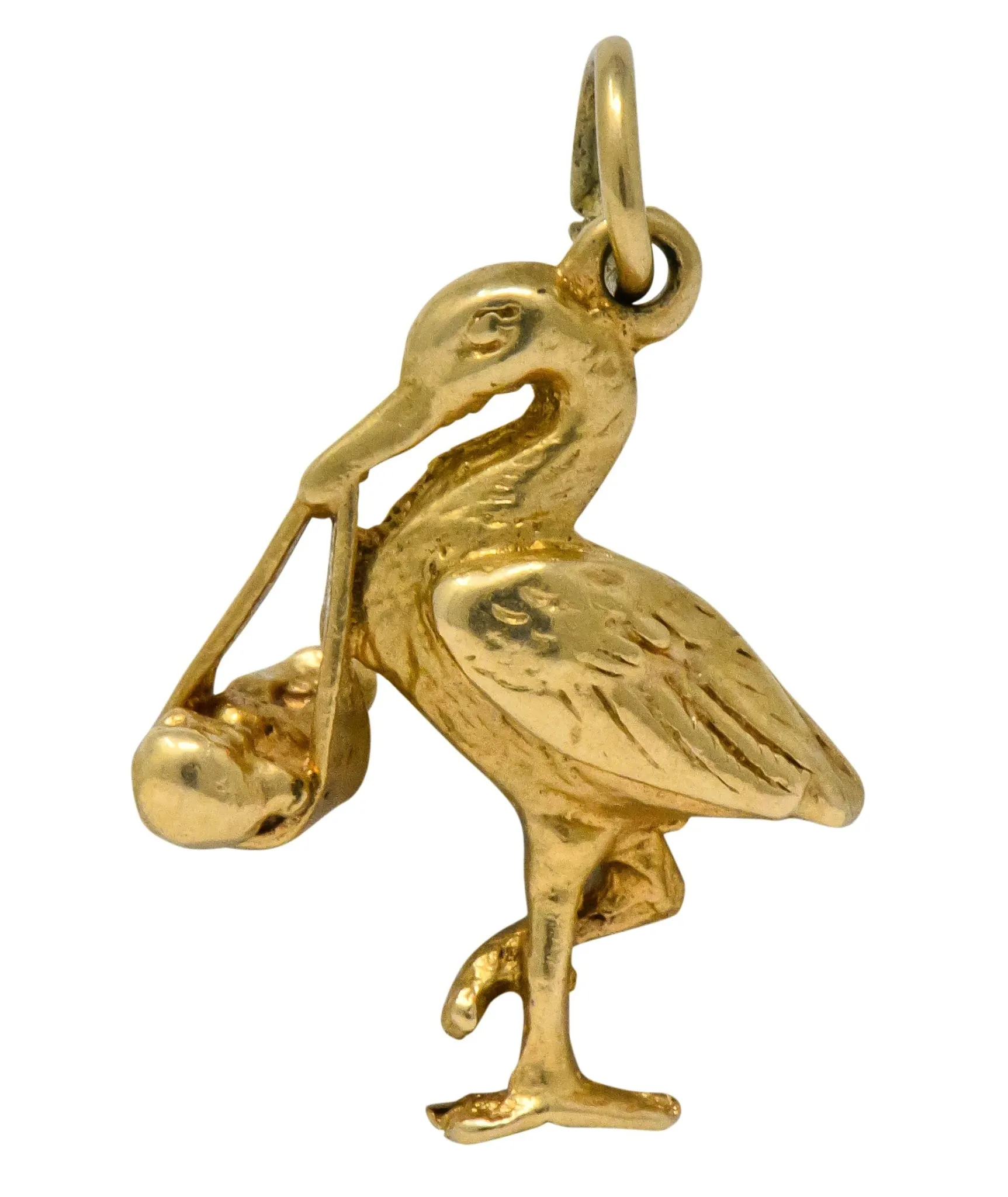 Art Nouveau 14 Karat Gold Stork Delivering Baby Realistic Charm