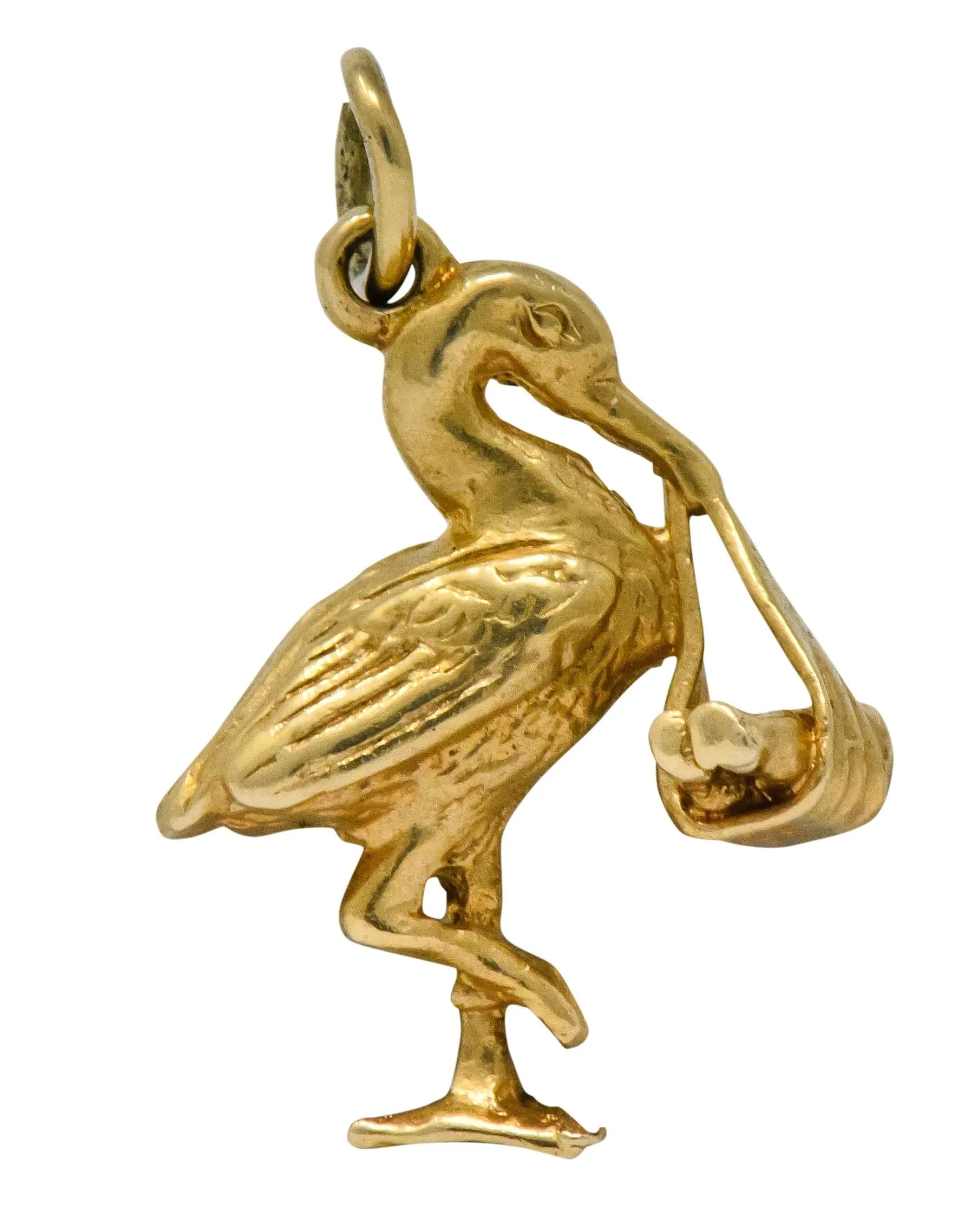 Art Nouveau 14 Karat Gold Stork Delivering Baby Realistic Charm