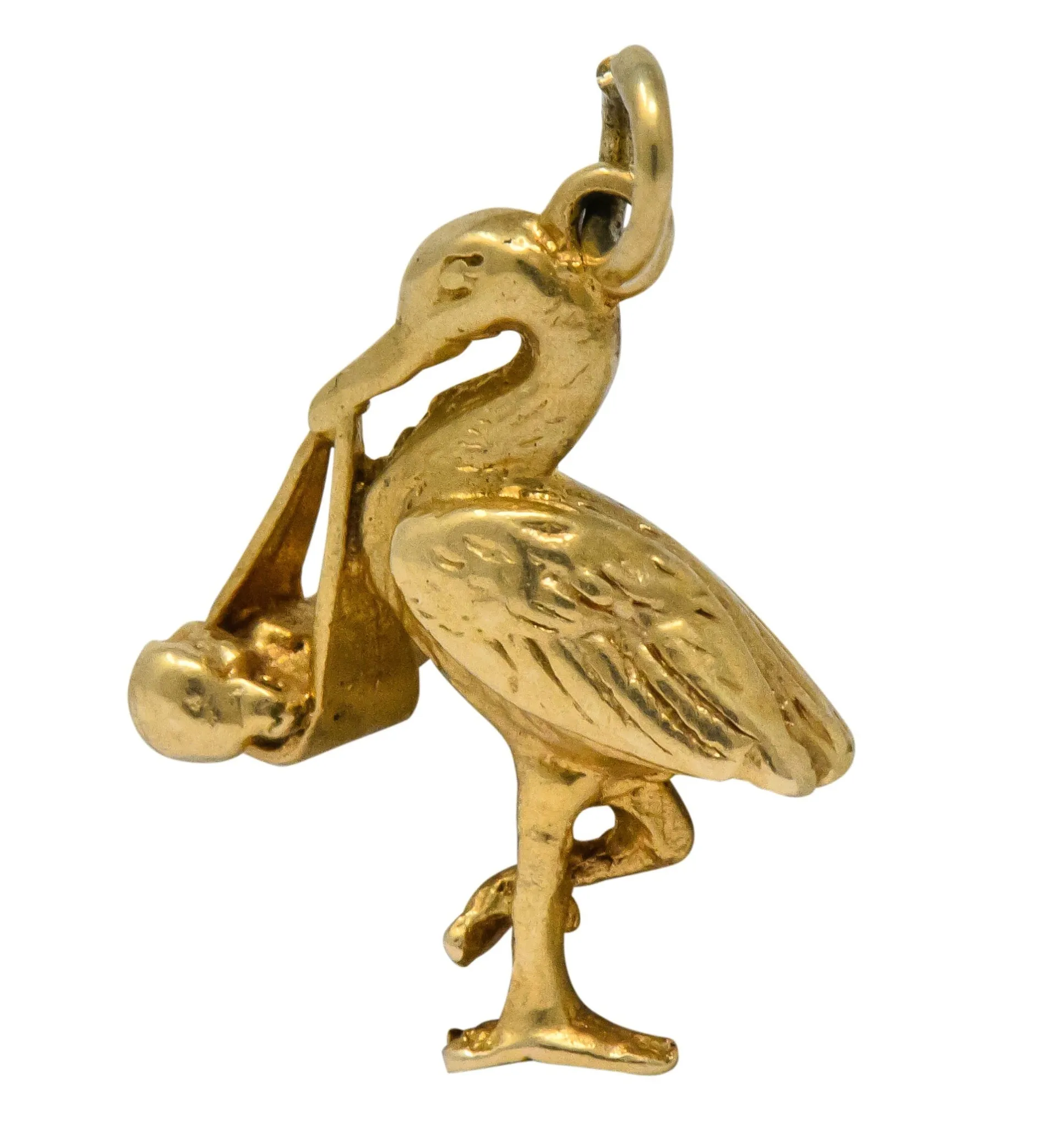 Art Nouveau 14 Karat Gold Stork Delivering Baby Realistic Charm