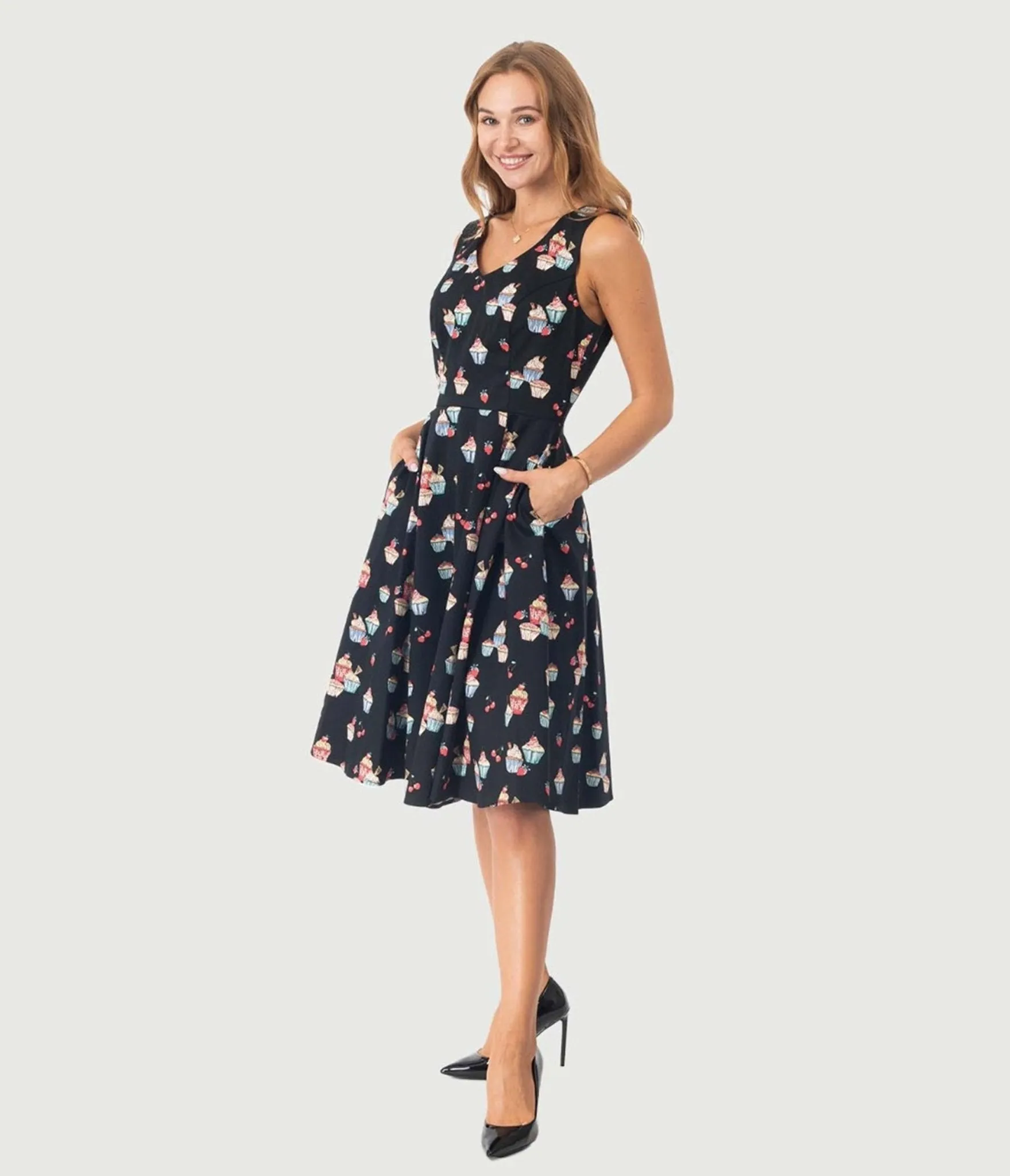 Black Cupcake Print Swing Dress