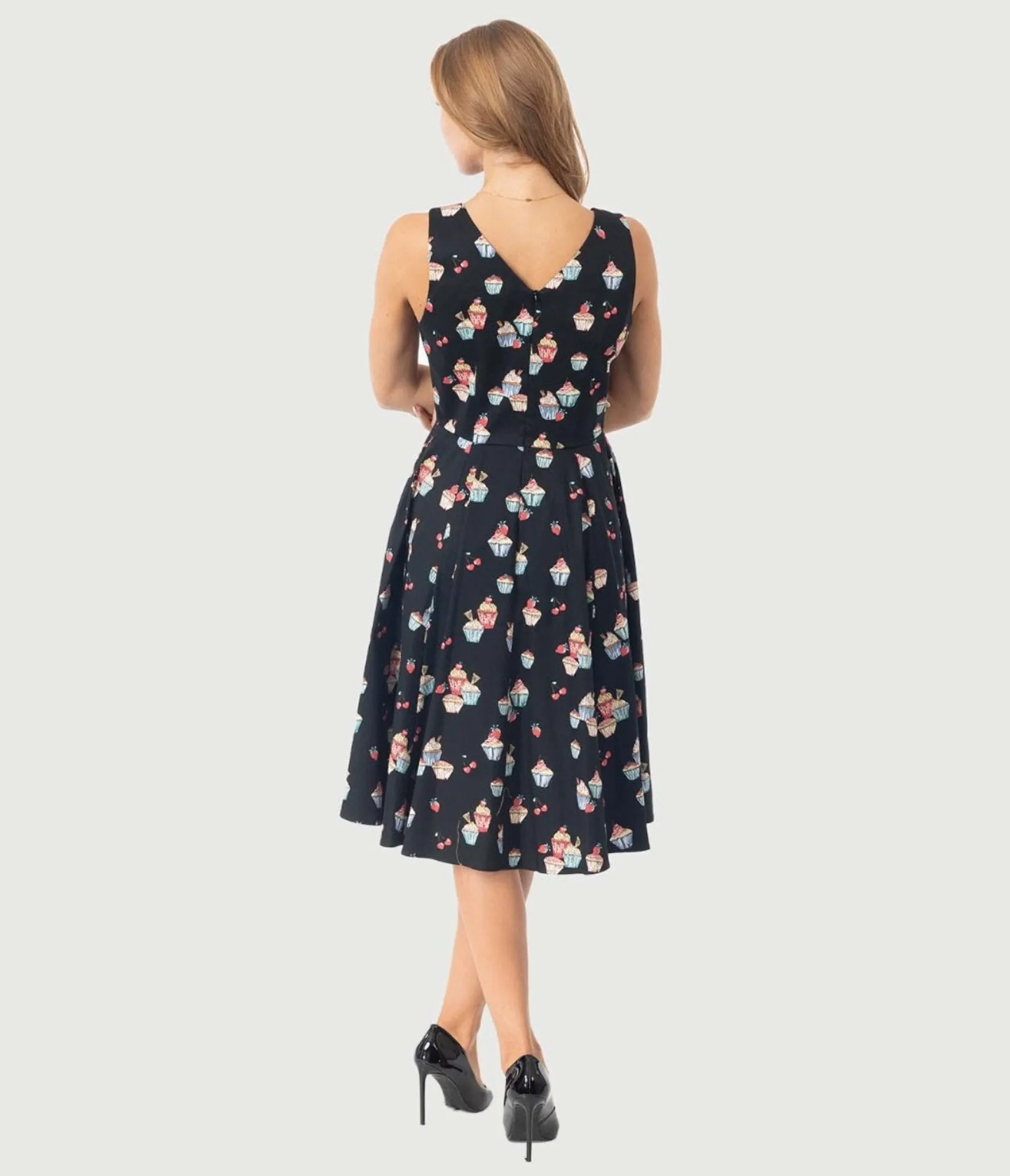 Black Cupcake Print Swing Dress