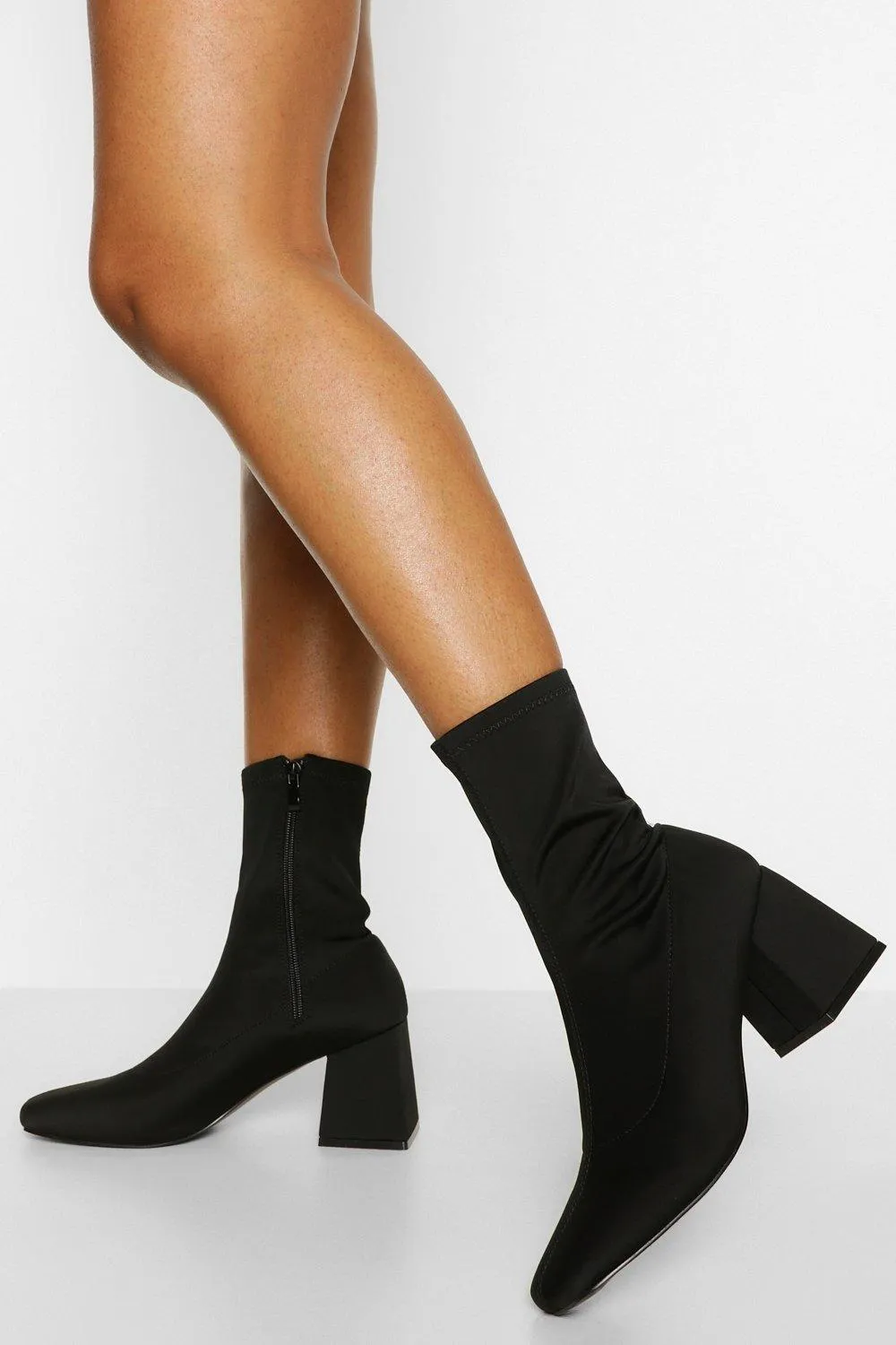 Block Heel Square Toe Sock Boots