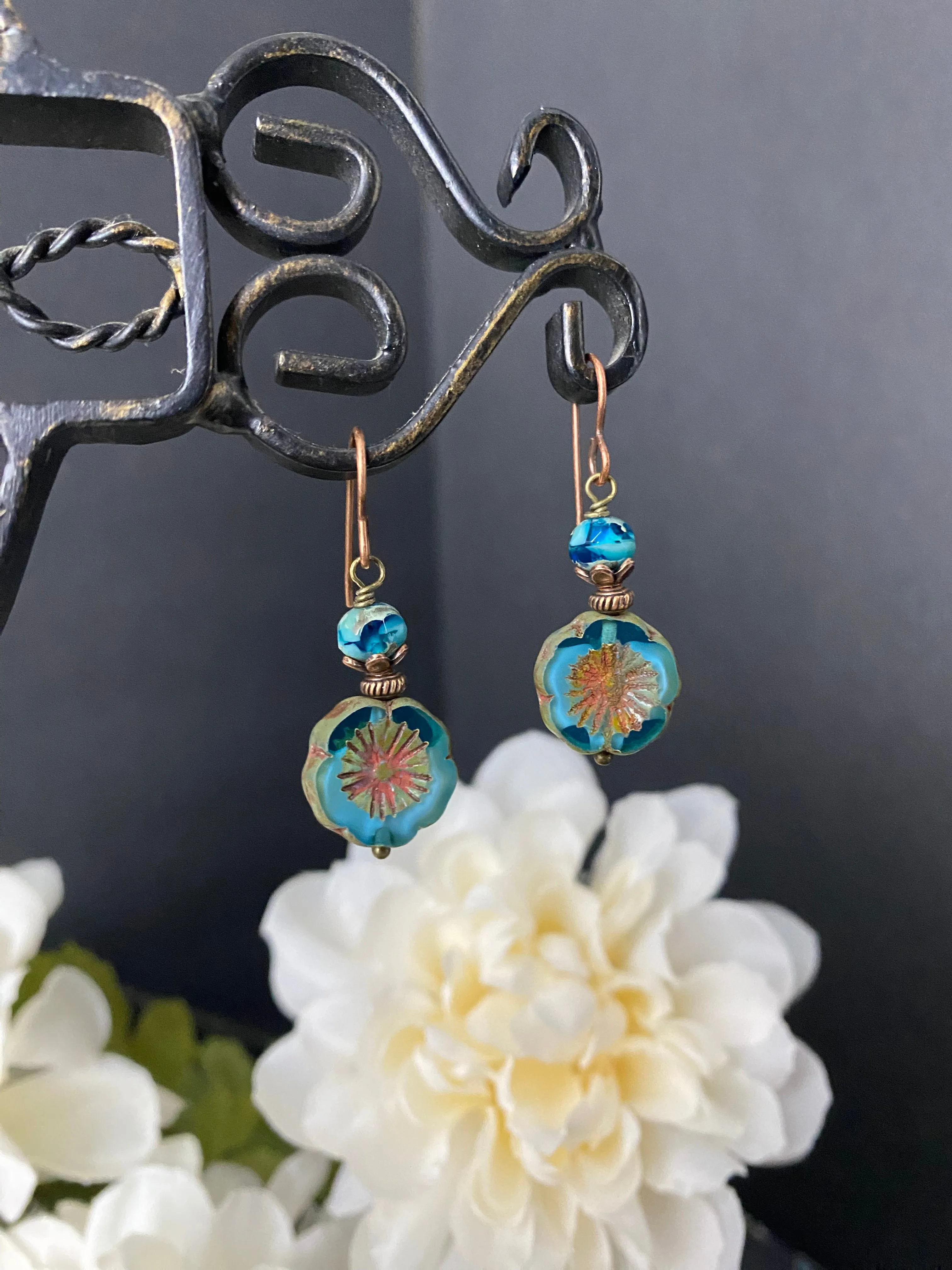 Blue Flower Czech glass, picssso glass, small earrings, and copper metal earrings.