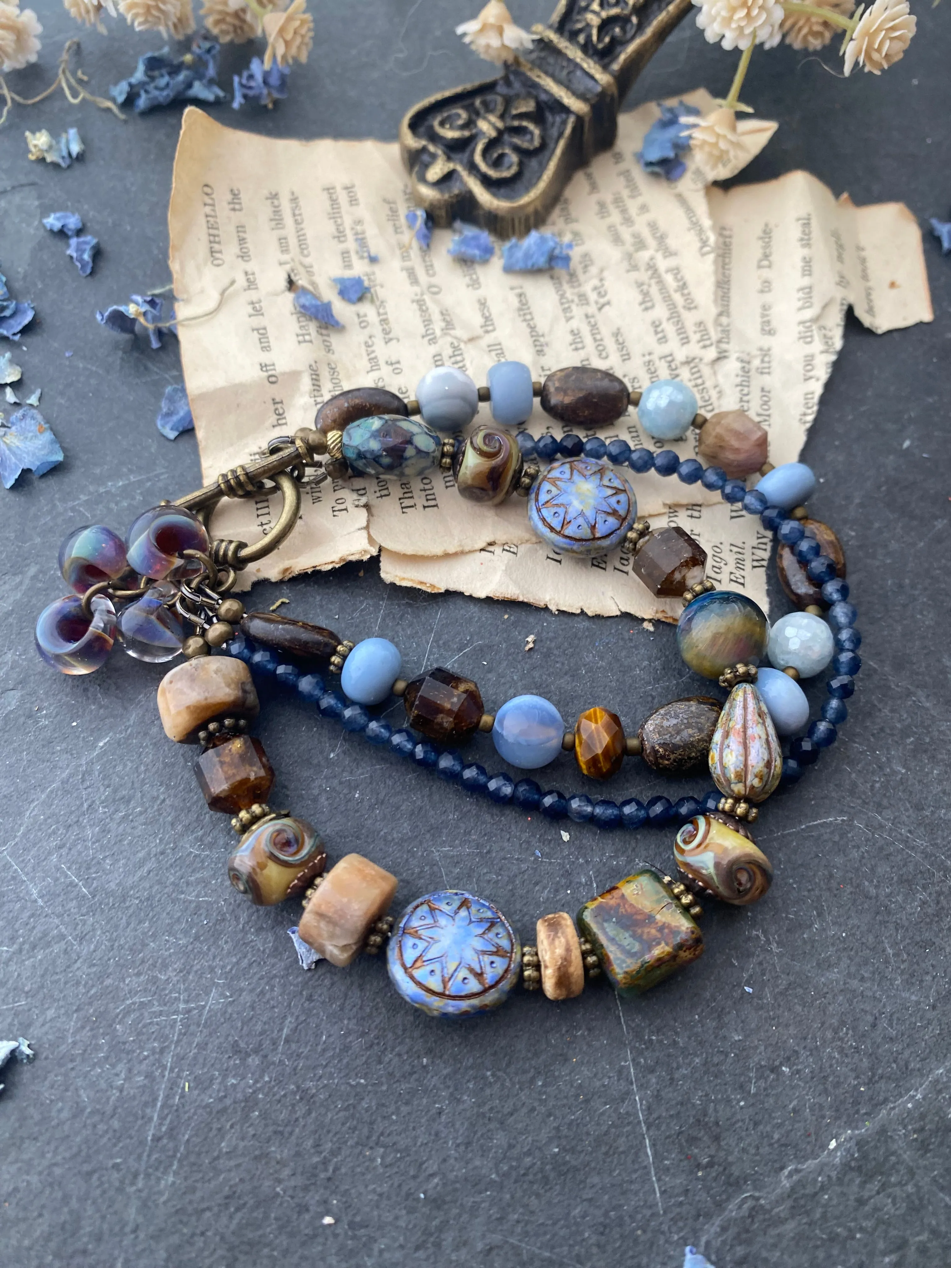 Bronzite, blue stone blend, czech glass, bracelet.