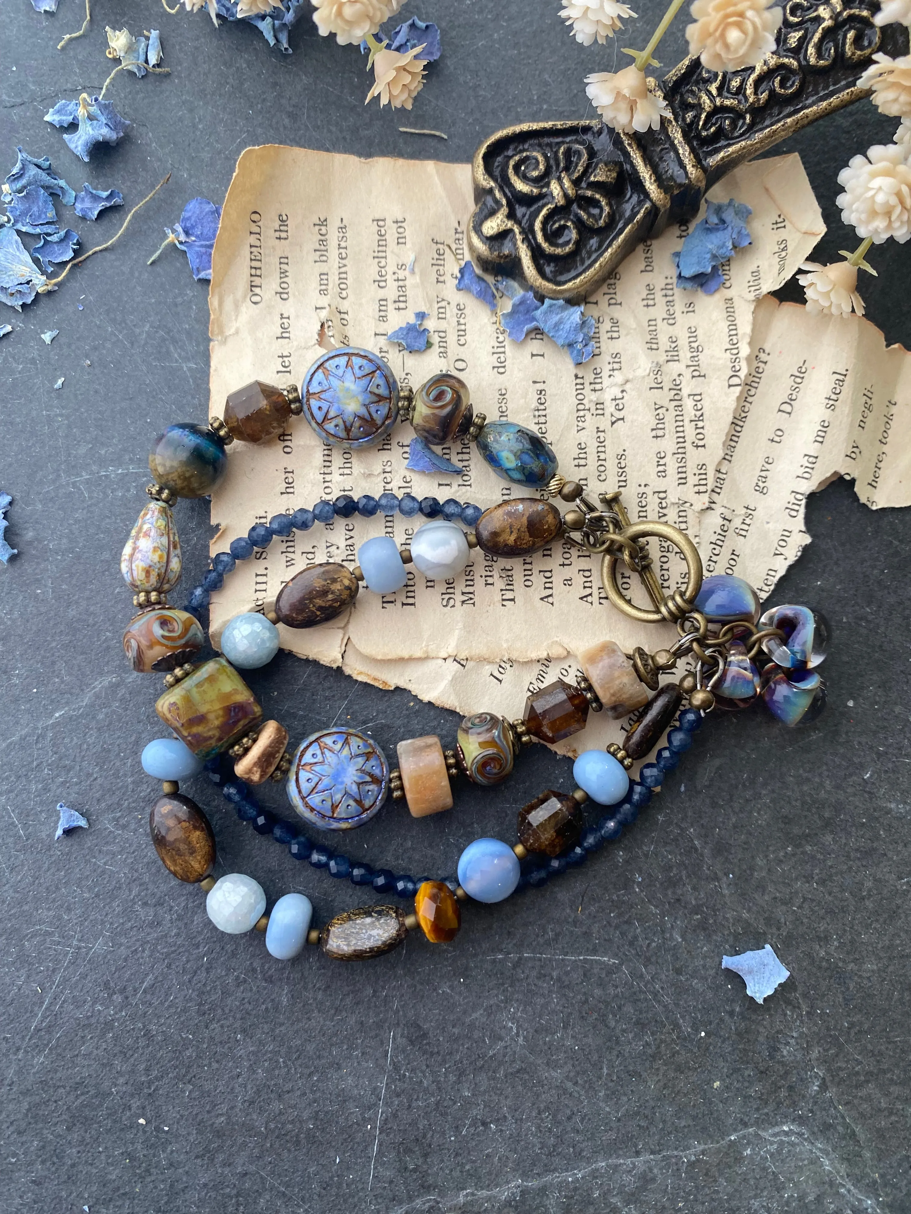 Bronzite, blue stone blend, czech glass, bracelet.