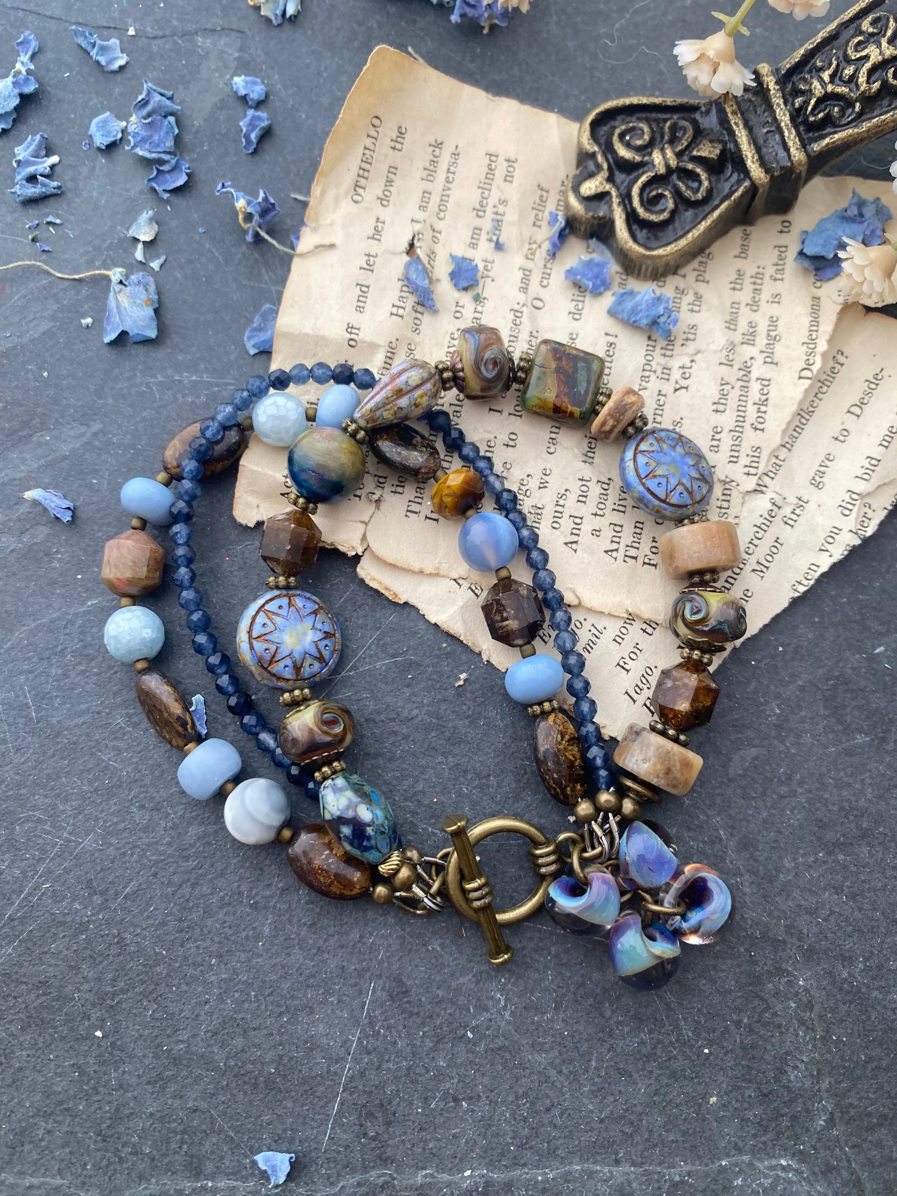 Bronzite, blue stone blend, czech glass, bracelet.