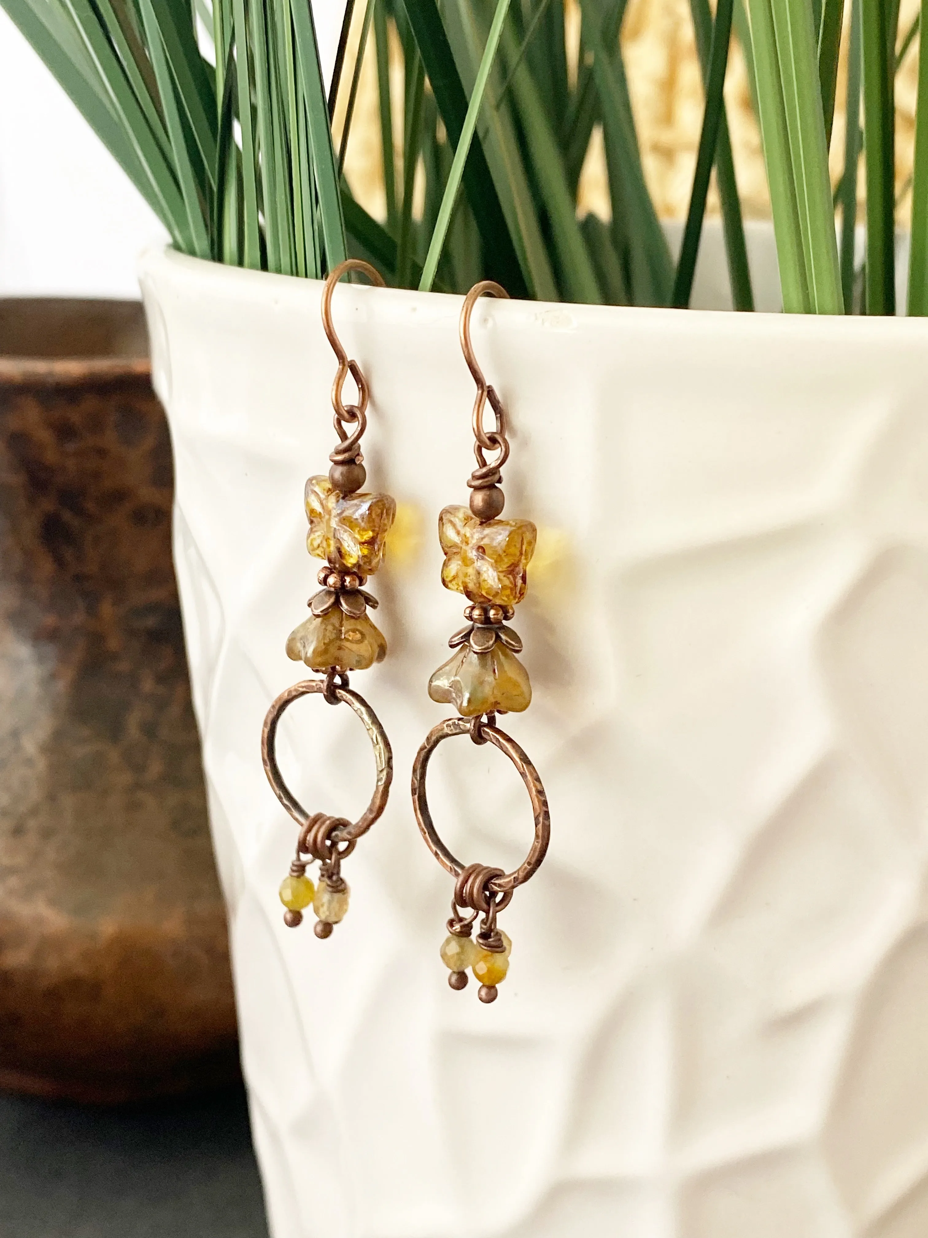 Butterfly Czech glass, citrine stone and copper metal earrings