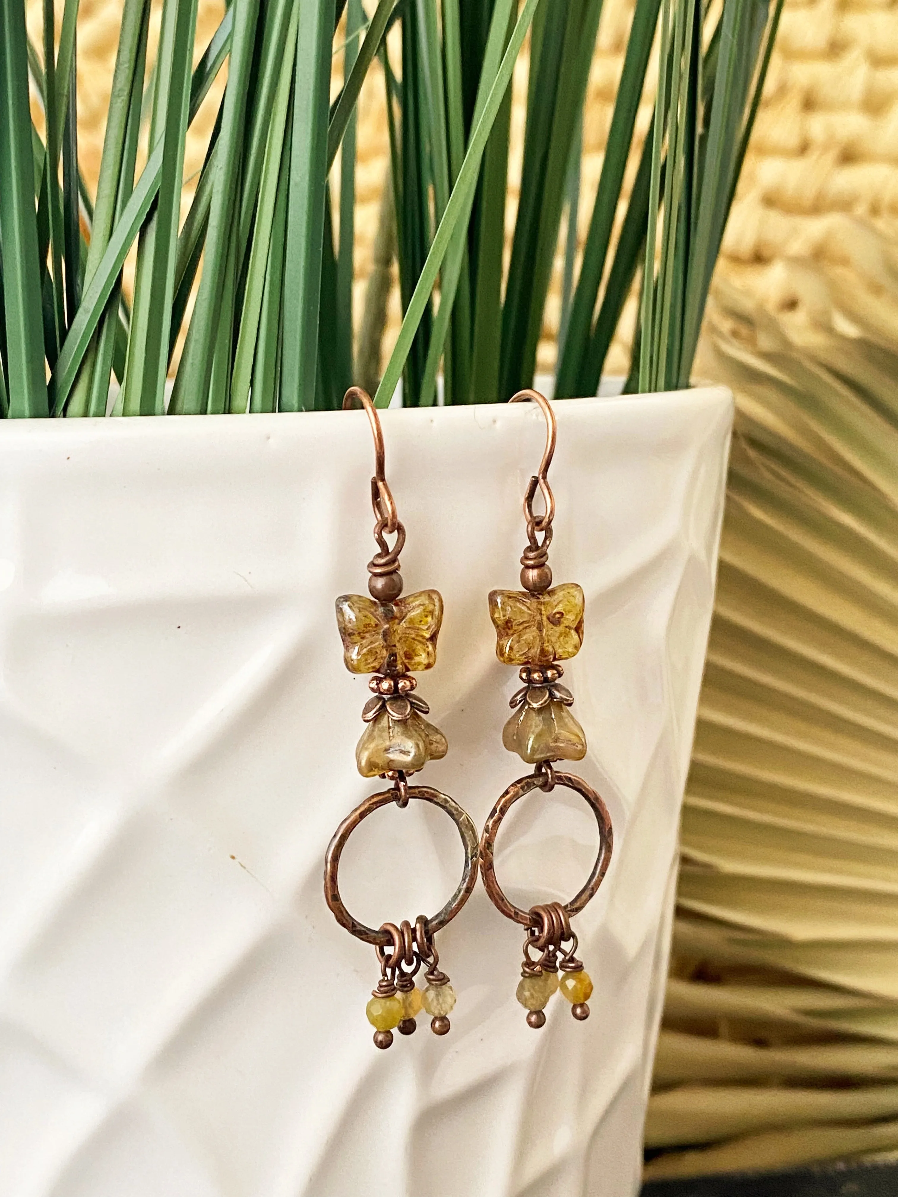 Butterfly Czech glass, citrine stone and copper metal earrings