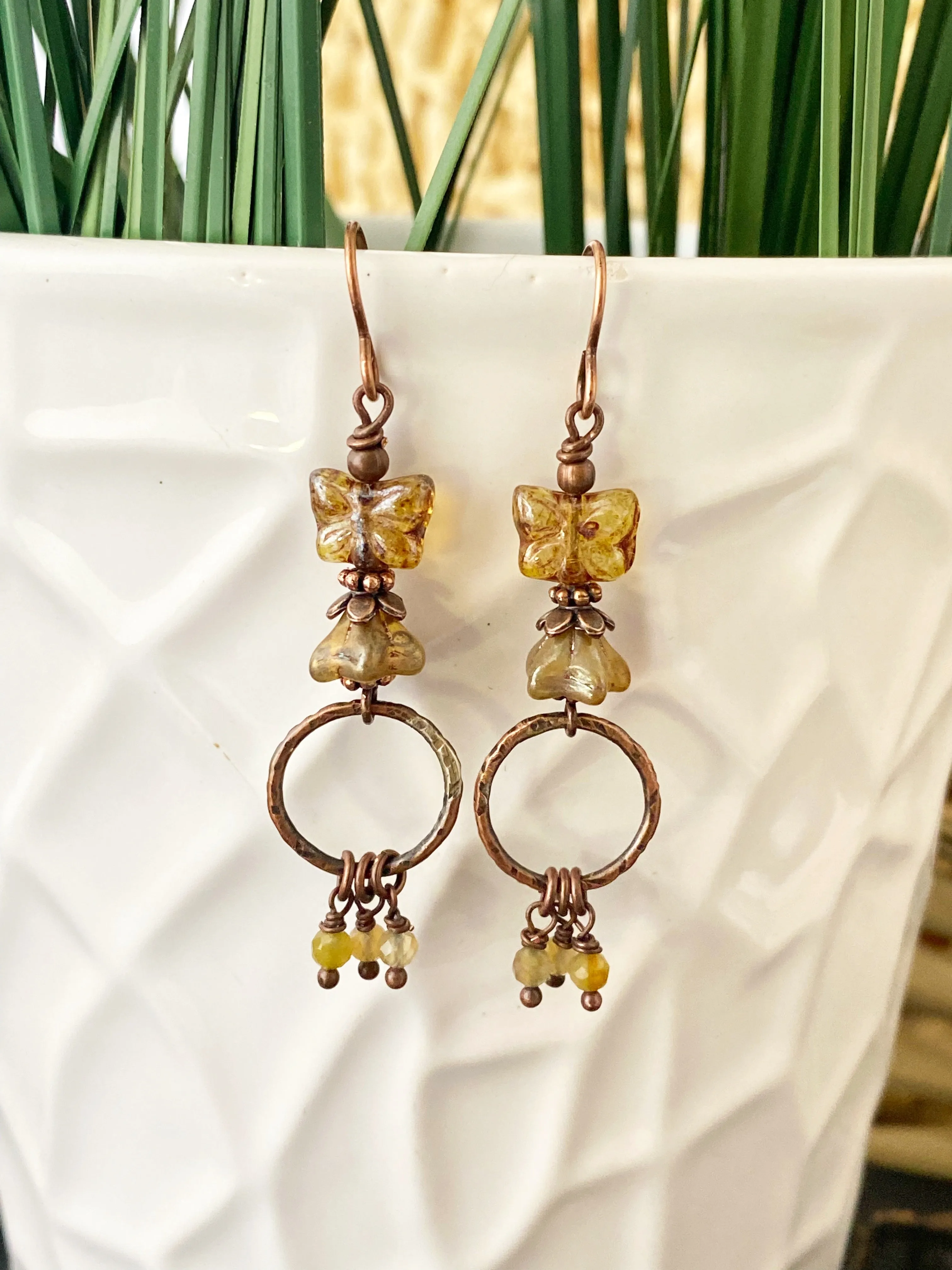 Butterfly Czech glass, citrine stone and copper metal earrings