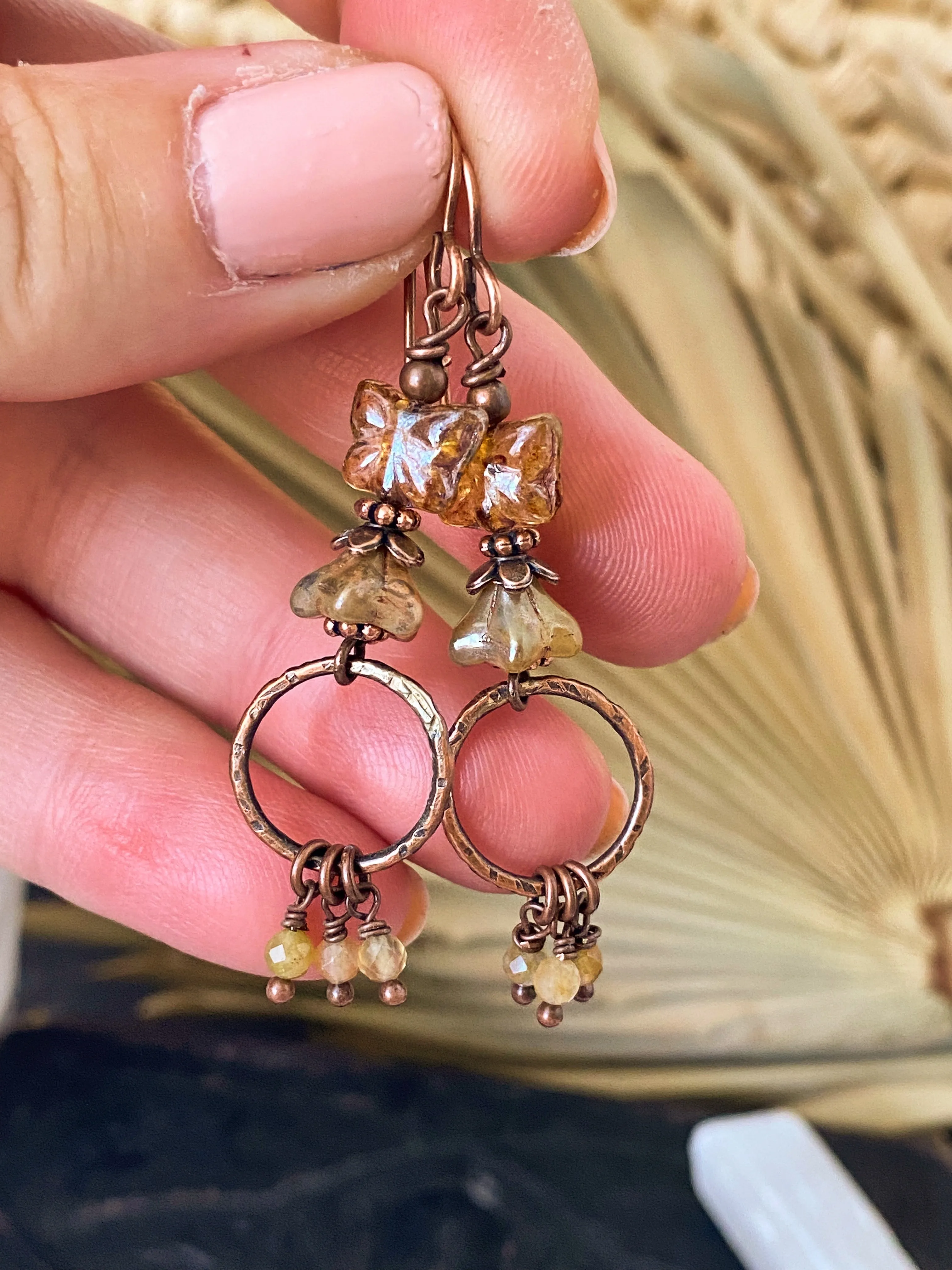 Butterfly Czech glass, citrine stone and copper metal earrings