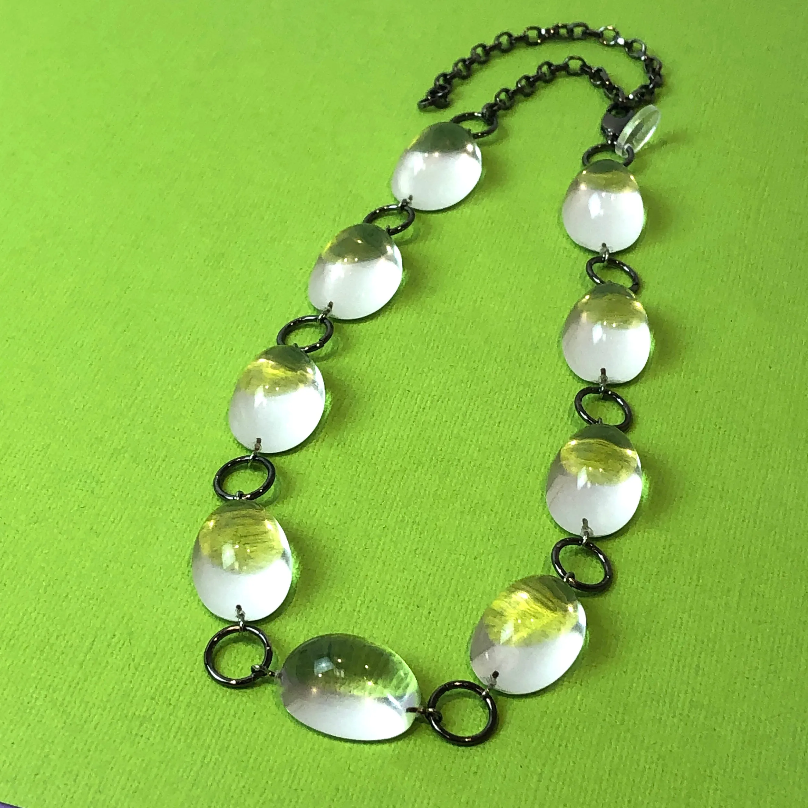 Clear Domed & Dark Metal Stations Necklace