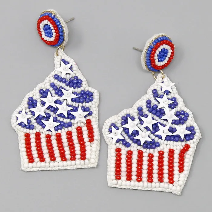 Cupcake Patriotic Seed Beaded Drop Earrings