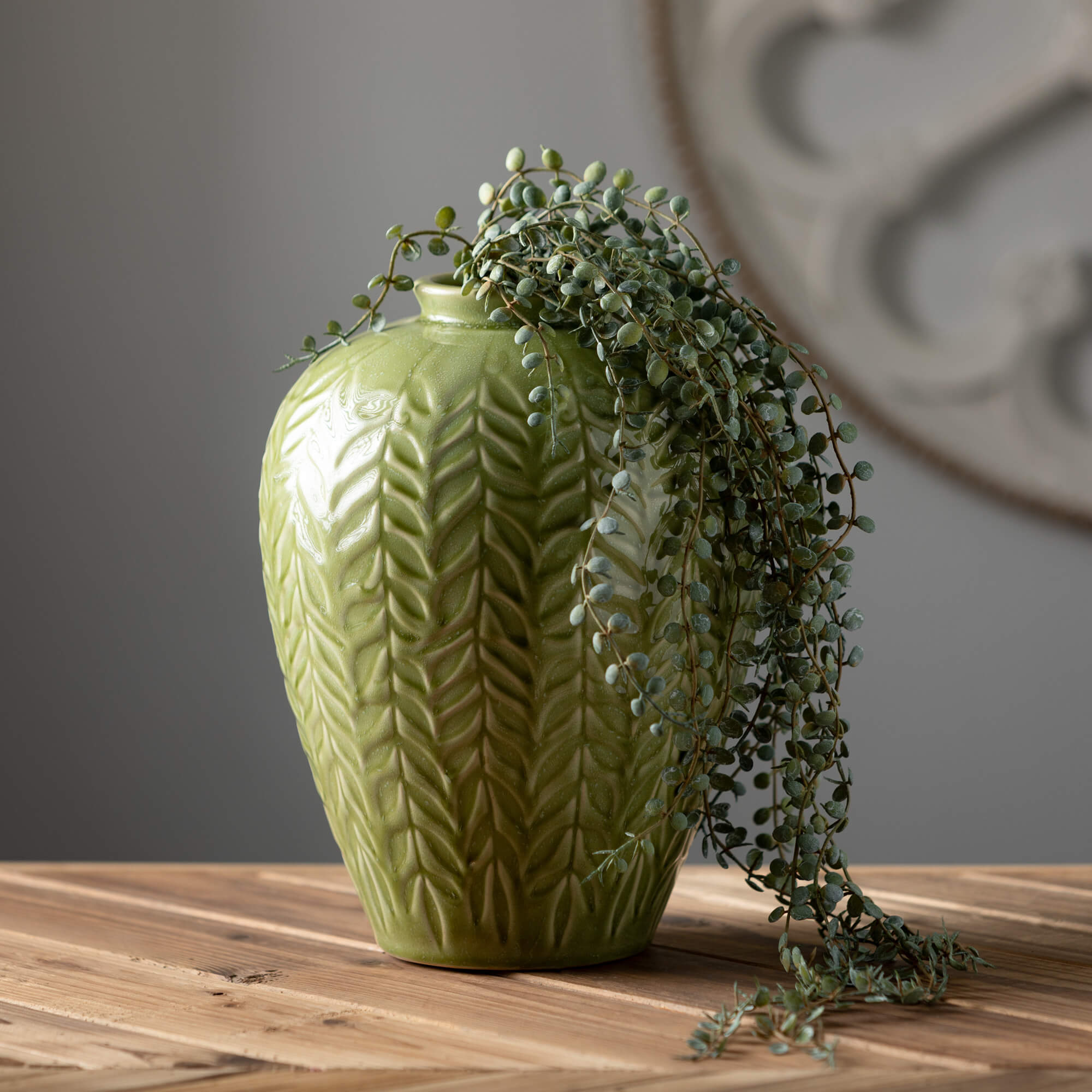 Embossed Leaf Green Vase