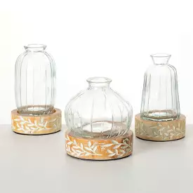 Embossed Wood & Glass Vase Set