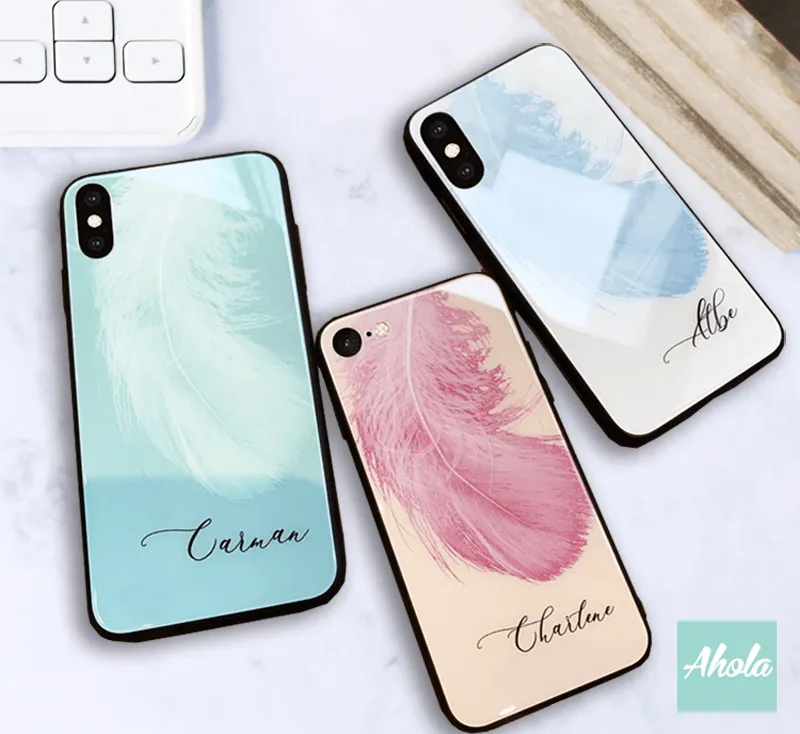 【Feather】Black bumper tempered glass phone Case 羽毛全包邊玻璃名字電話殼