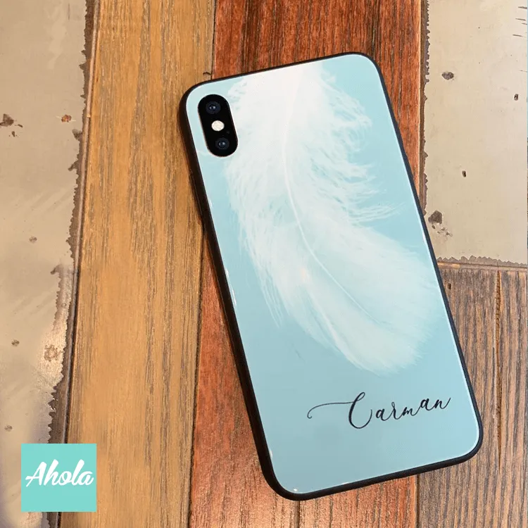 【Feather】Black bumper tempered glass phone Case 羽毛全包邊玻璃名字電話殼