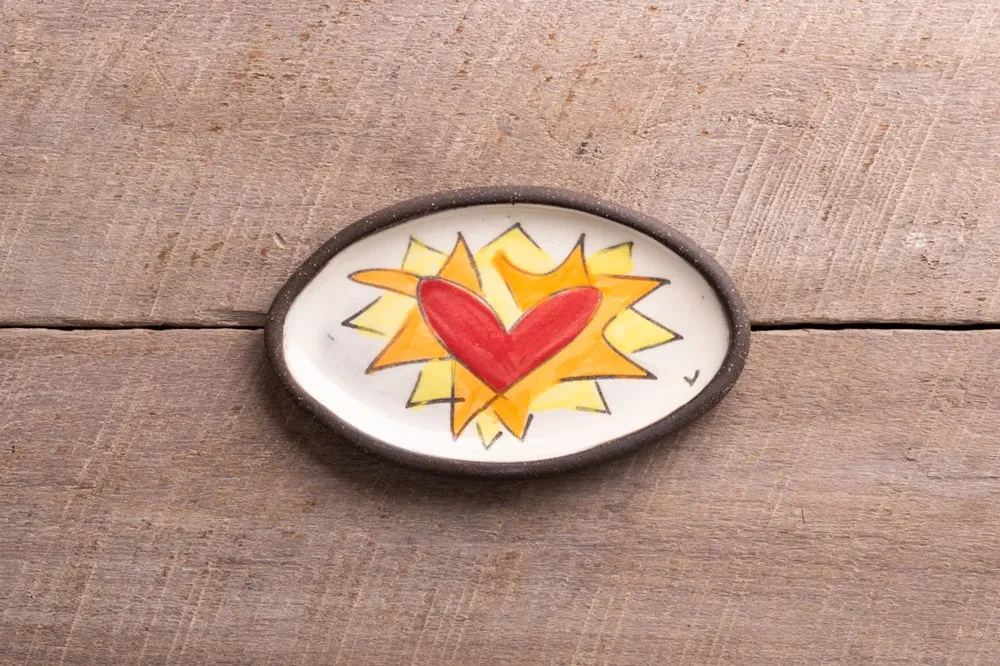 Flaming Heart - Orange Hand Painted Ceramic Mini Oval