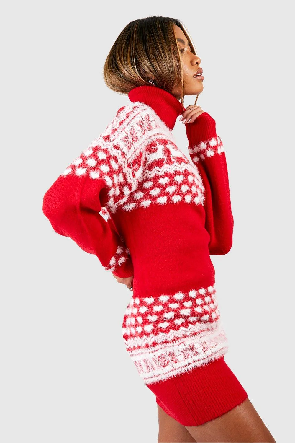 Fluffy Knit Turtleneck Fairisle Christmas Sweater Dress