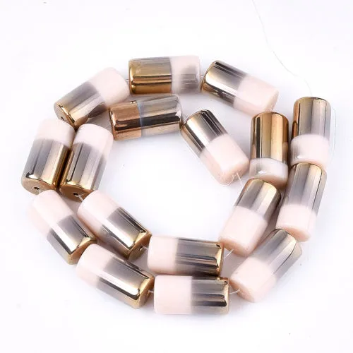 Glass Beads, Half Electroplated, Column, Opaque, Misty Rose, 19.5-20x10mm