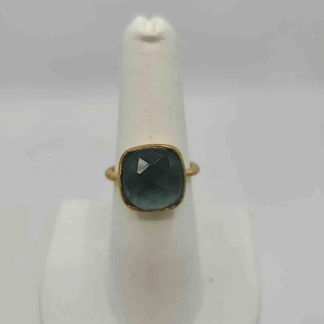 Goldtone Pale Blue Brushed Metal Faceted Ring Sz 7