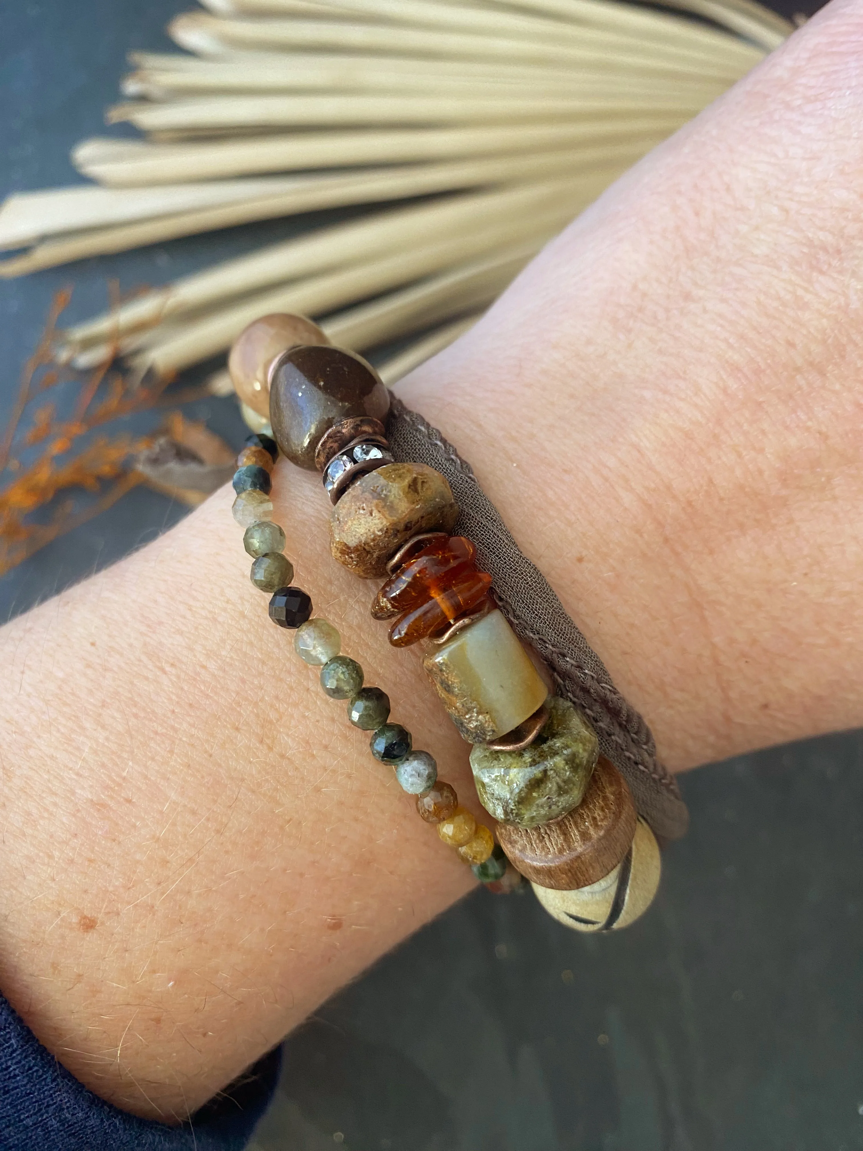 Green garnet, Baltic Amber, silk ribbon, ceramic, wood, watermelon tourmaline, multi strand, copper metal, bracelet.