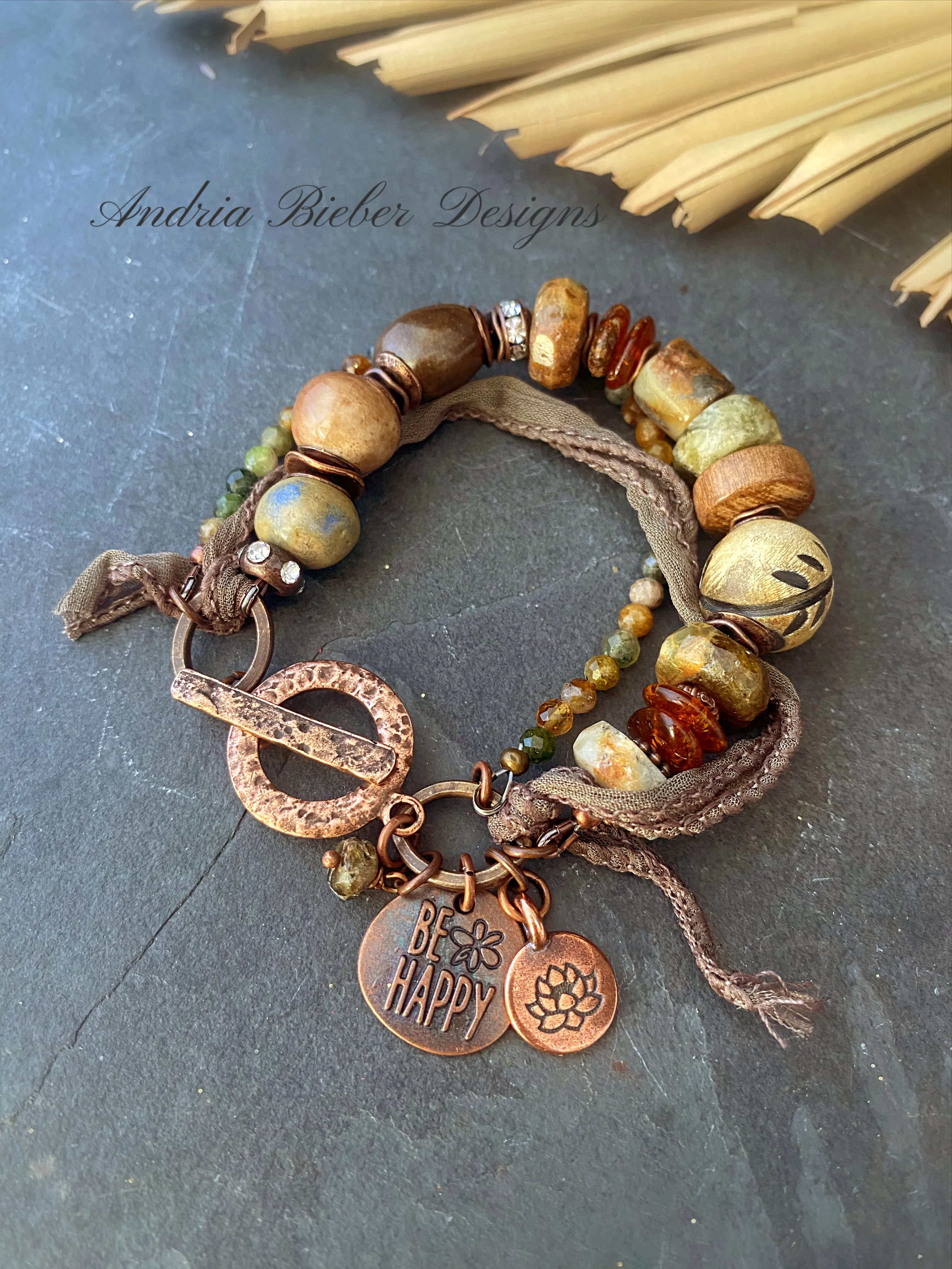 Green garnet, Baltic Amber, silk ribbon, ceramic, wood, watermelon tourmaline, multi strand, copper metal, bracelet.