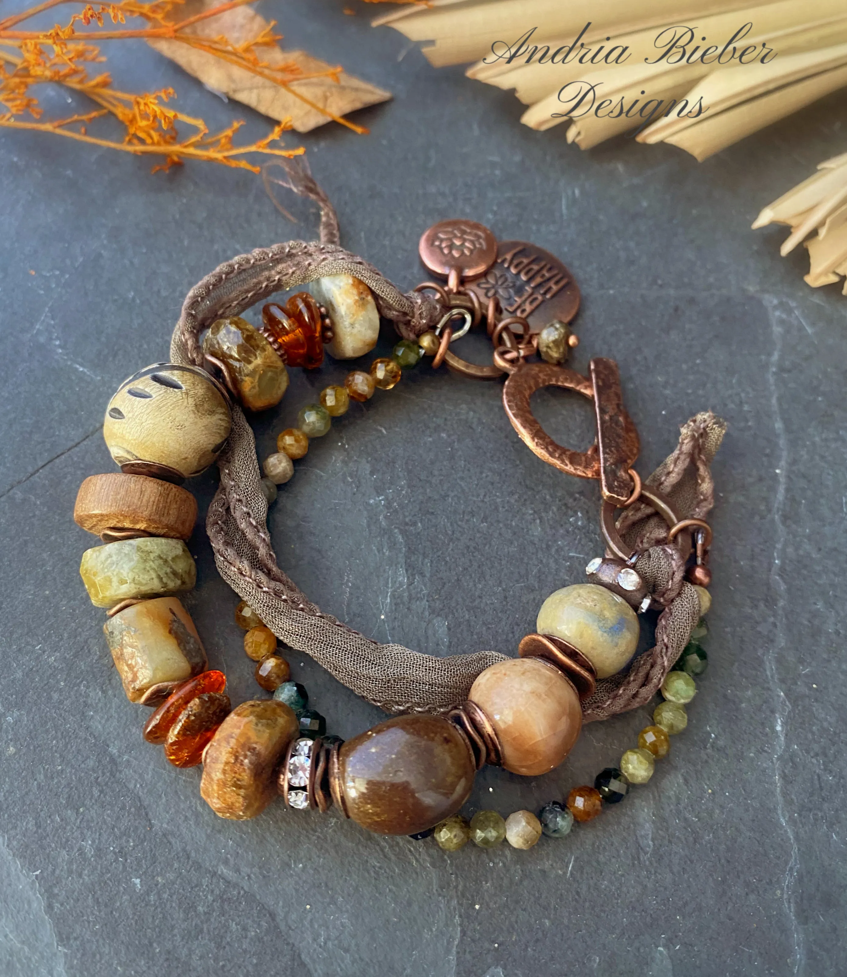 Green garnet, Baltic Amber, silk ribbon, ceramic, wood, watermelon tourmaline, multi strand, copper metal, bracelet.