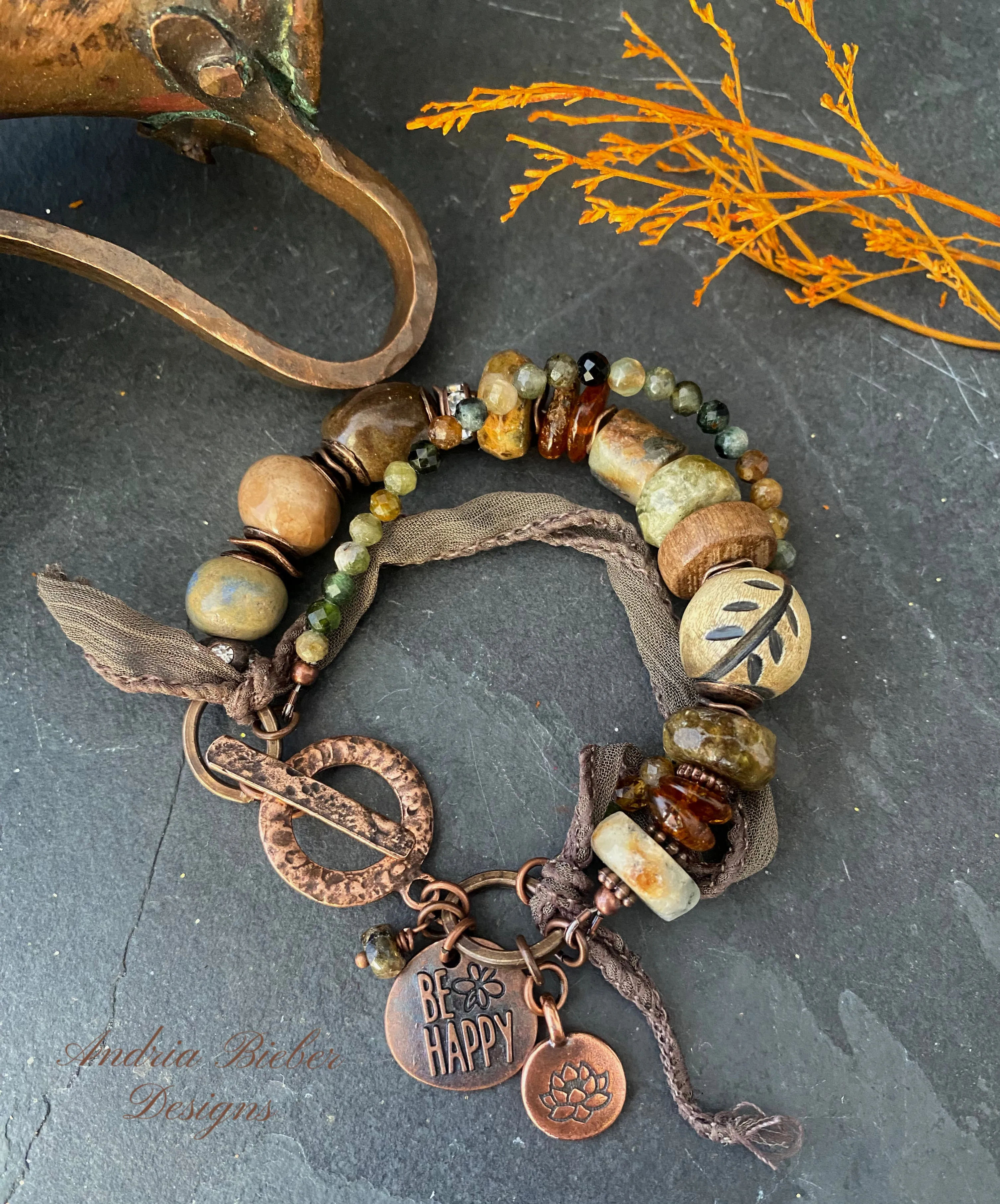 Green garnet, Baltic Amber, silk ribbon, ceramic, wood, watermelon tourmaline, multi strand, copper metal, bracelet.