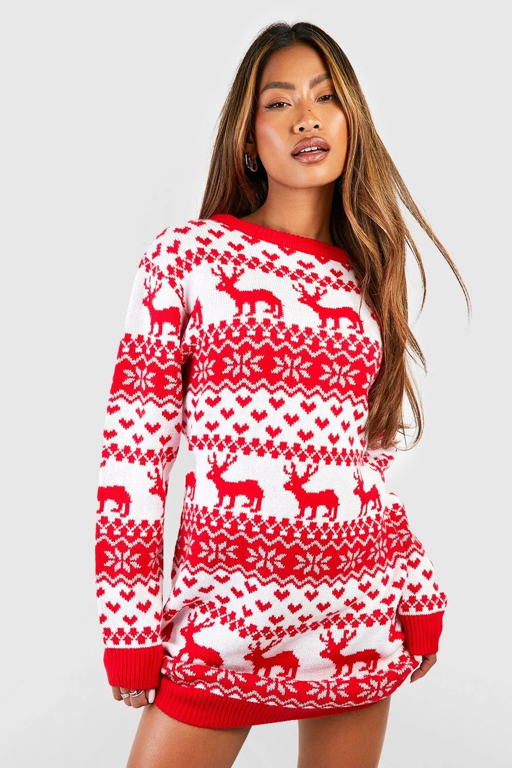 Hearts And Reindeer Fairisle Christmas Sweater Dress