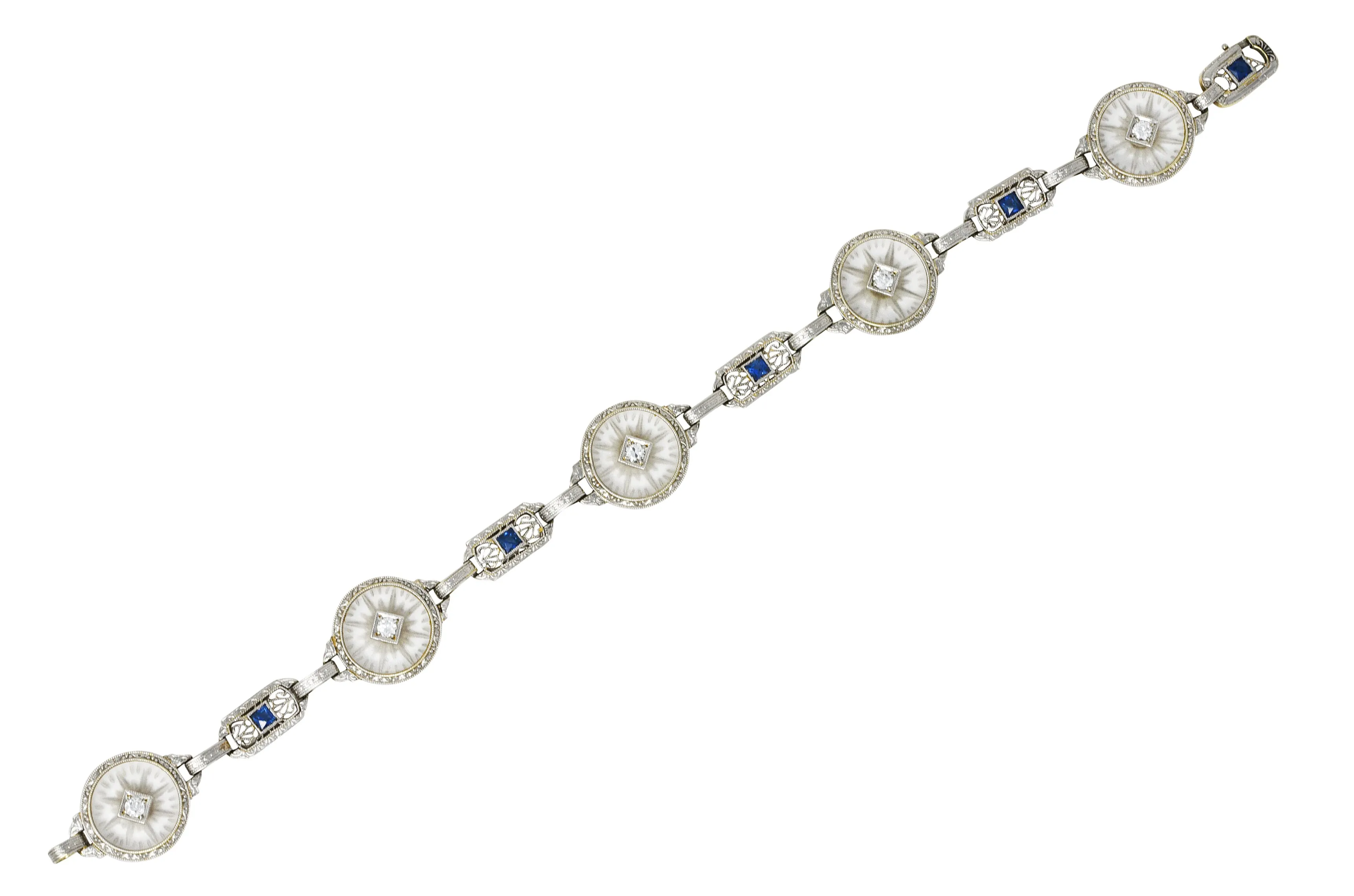 Krementz Art Deco 1.00 CTW Diamond Sapphire Camphor Glass Two-Tone 14 Karat Gold Link Bracelet