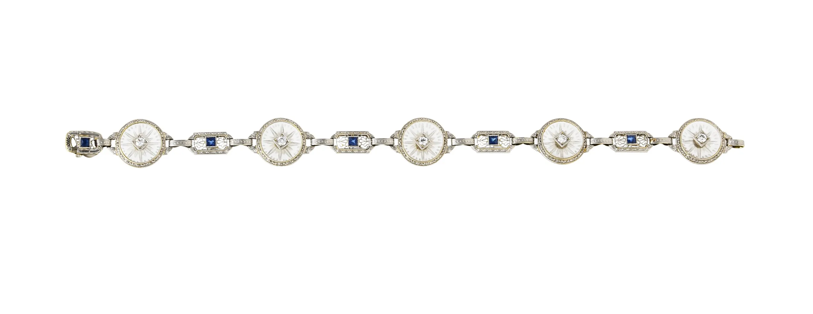 Krementz Art Deco 1.00 CTW Diamond Sapphire Camphor Glass Two-Tone 14 Karat Gold Link Bracelet