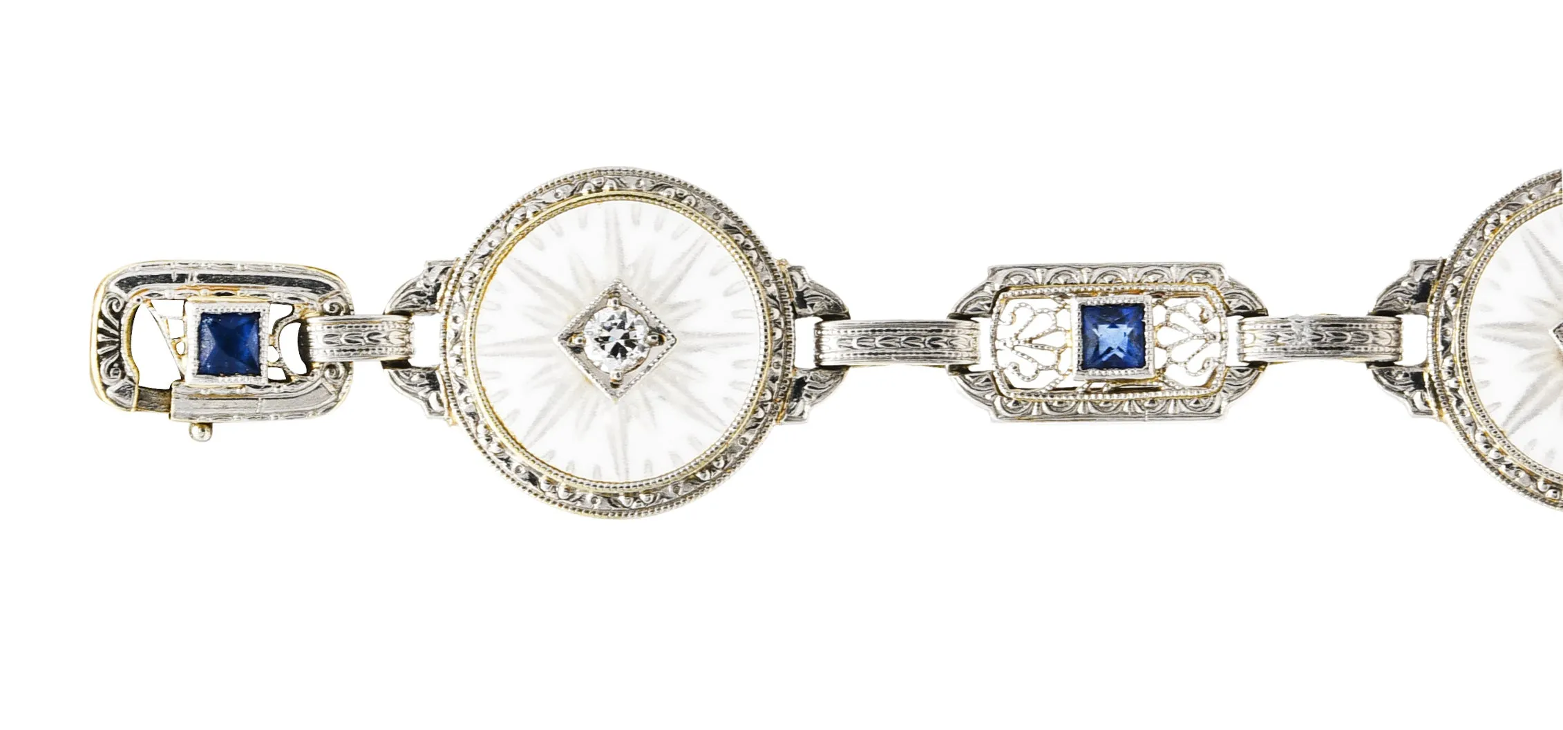 Krementz Art Deco 1.00 CTW Diamond Sapphire Camphor Glass Two-Tone 14 Karat Gold Link Bracelet