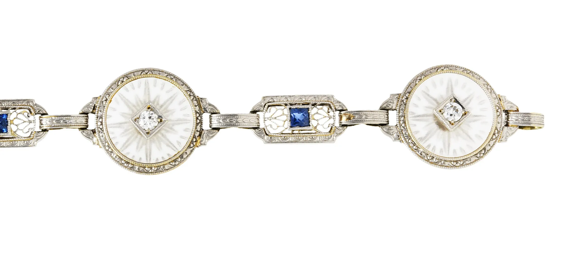 Krementz Art Deco 1.00 CTW Diamond Sapphire Camphor Glass Two-Tone 14 Karat Gold Link Bracelet