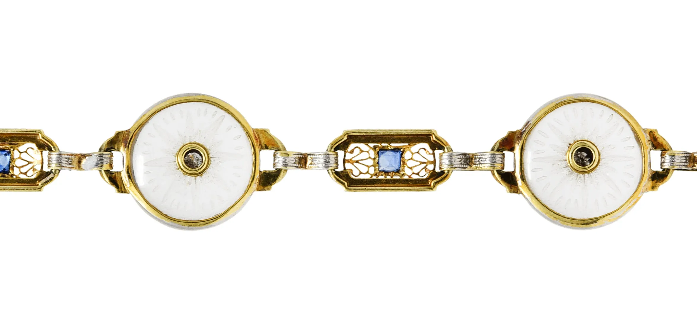 Krementz Art Deco 1.00 CTW Diamond Sapphire Camphor Glass Two-Tone 14 Karat Gold Link Bracelet