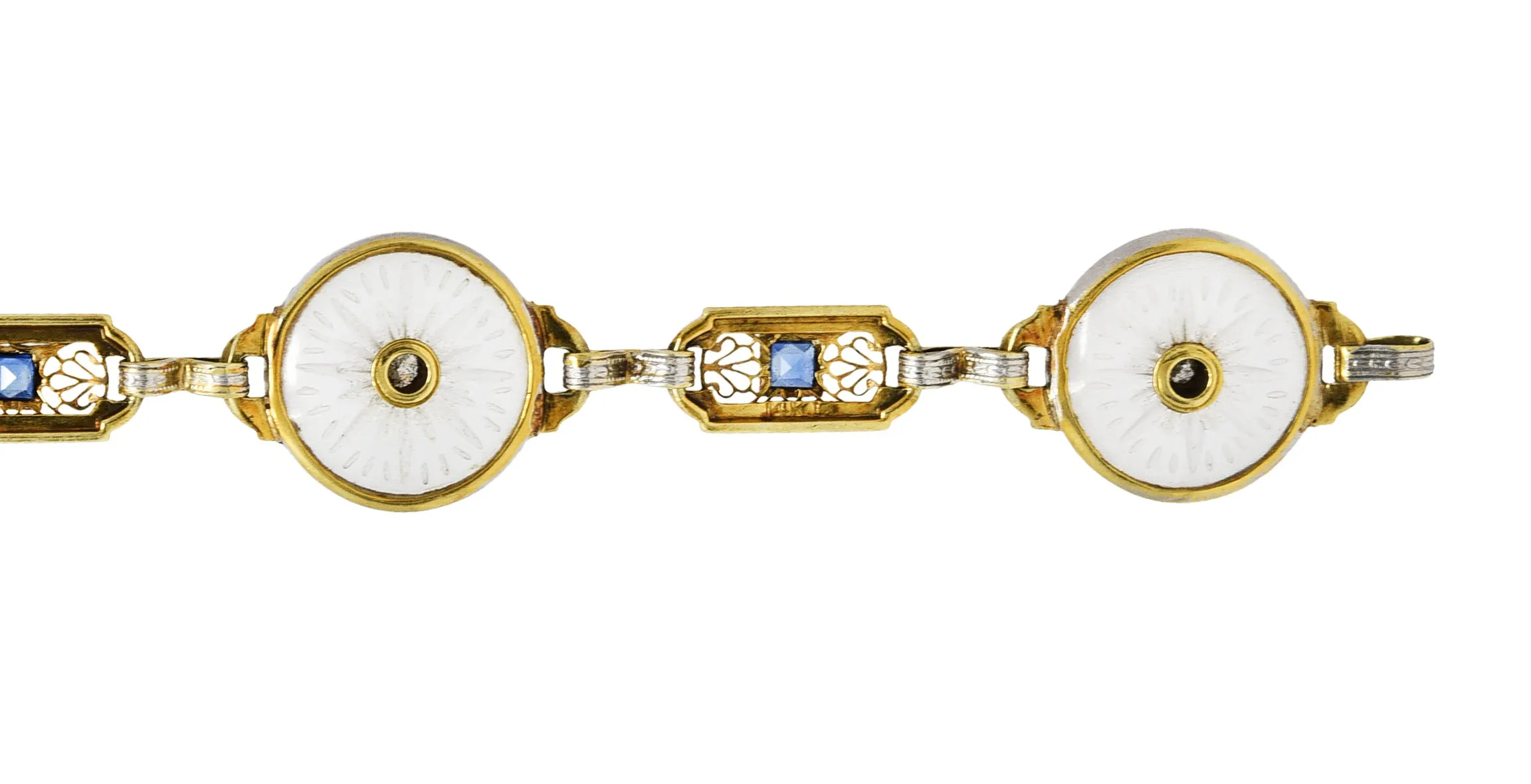 Krementz Art Deco 1.00 CTW Diamond Sapphire Camphor Glass Two-Tone 14 Karat Gold Link Bracelet