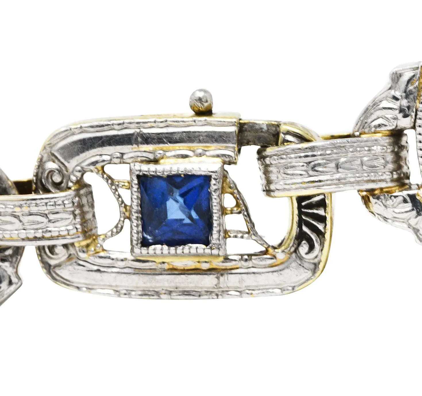 Krementz Art Deco 1.00 CTW Diamond Sapphire Camphor Glass Two-Tone 14 Karat Gold Link Bracelet