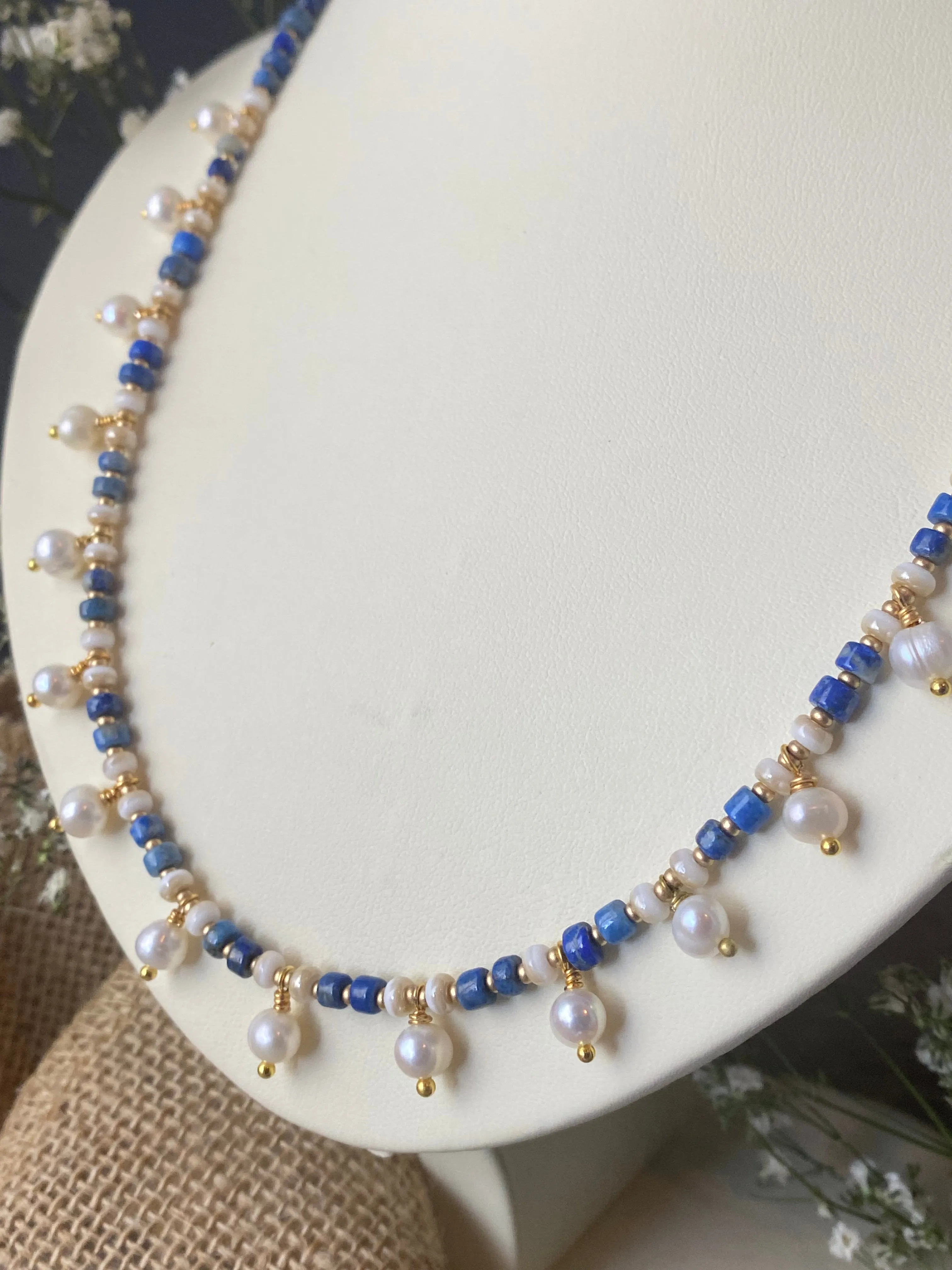 Lapis lazuli stone, freshwater pearls, necklace, gold metal, jewelry