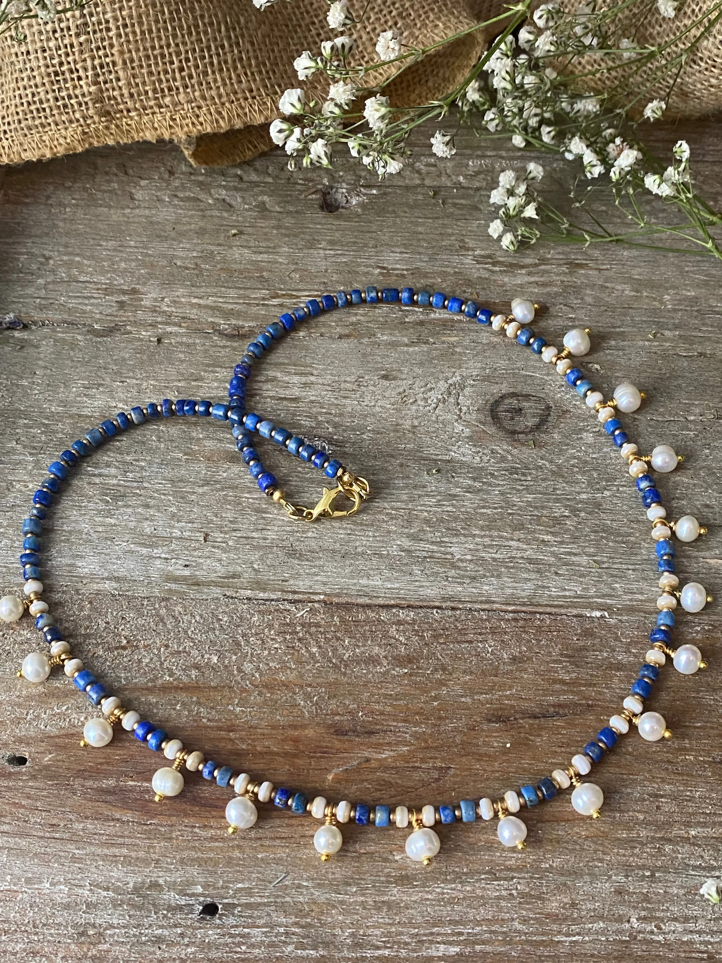 Lapis lazuli stone, freshwater pearls, necklace, gold metal, jewelry