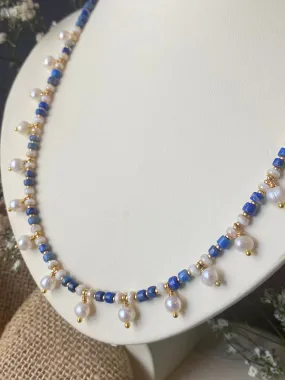 Lapis lazuli stone, freshwater pearls, necklace, gold metal, jewelry