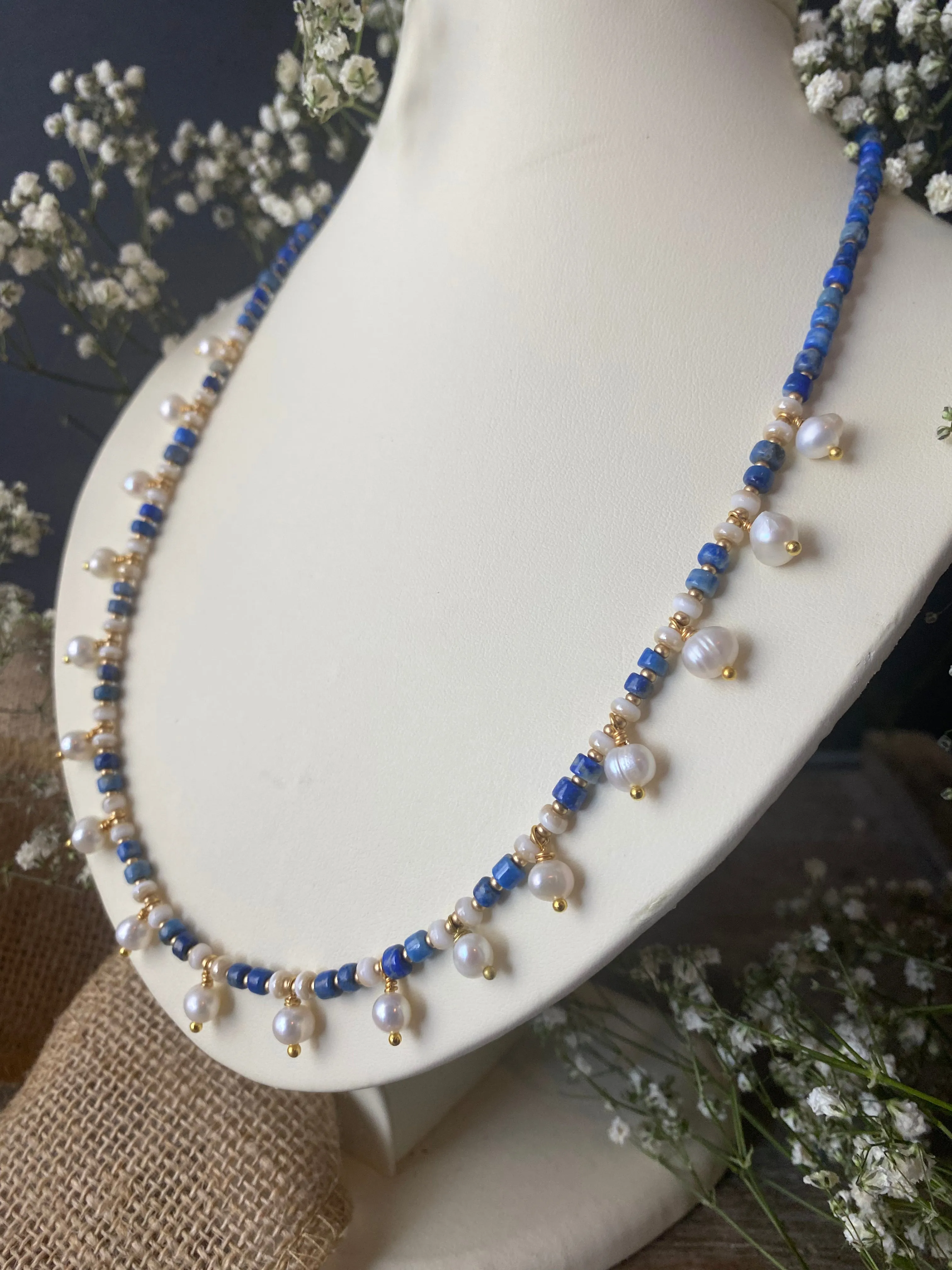 Lapis lazuli stone, freshwater pearls, necklace, gold metal, jewelry