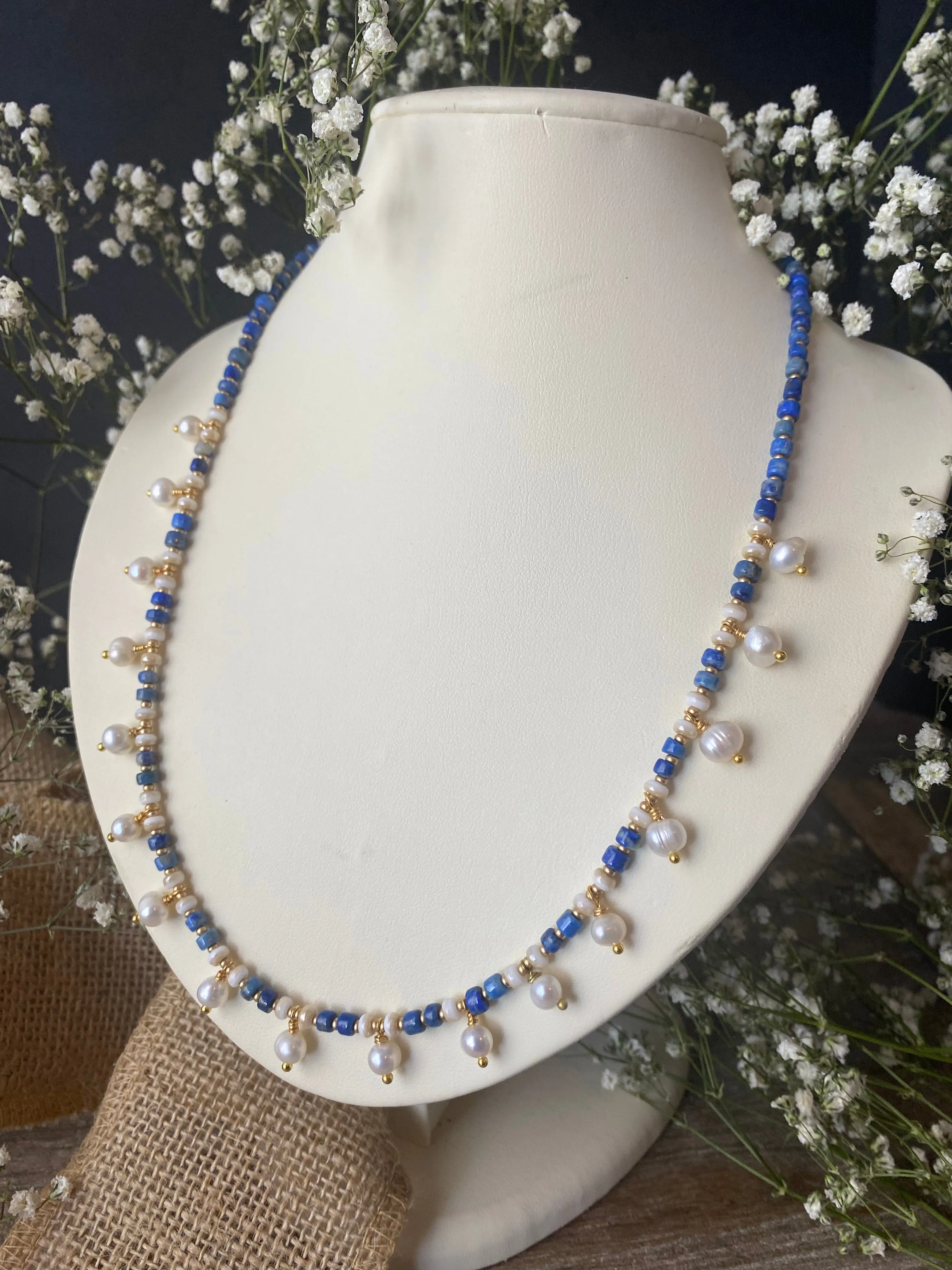 Lapis lazuli stone, freshwater pearls, necklace, gold metal, jewelry