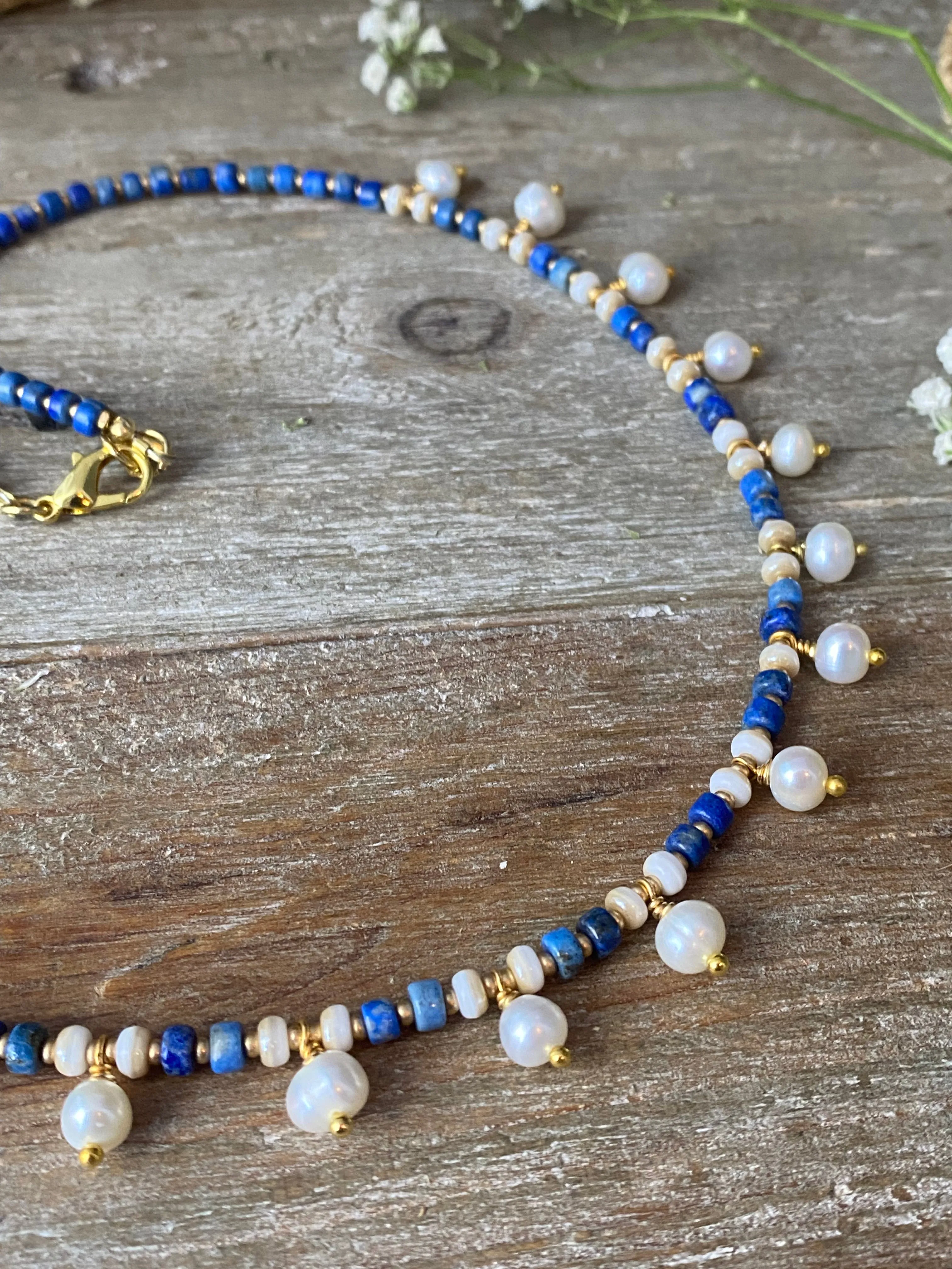 Lapis lazuli stone, freshwater pearls, necklace, gold metal, jewelry