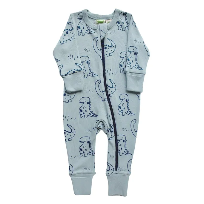 Long Sleeve Zip Romper - Blue Dinos