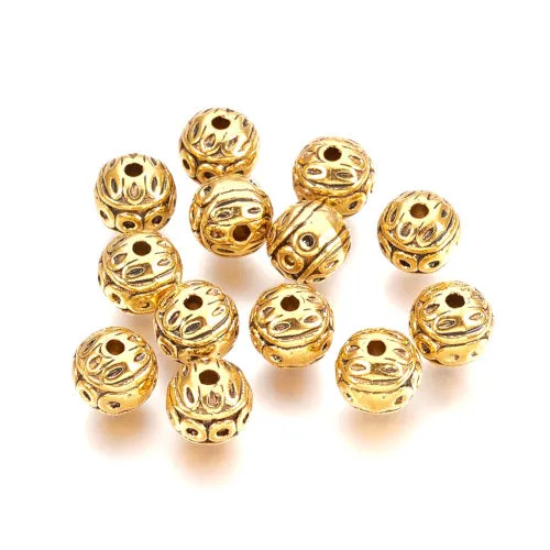 Metal Spacer Beads, Tibetan Style, Ornate, Round, Antique Gold, Alloy, 8mm