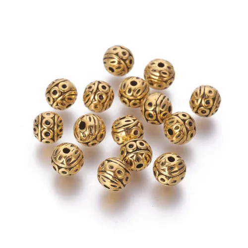 Metal Spacer Beads, Tibetan Style, Round, With Circles, Antique Gold, Alloy, 8mm