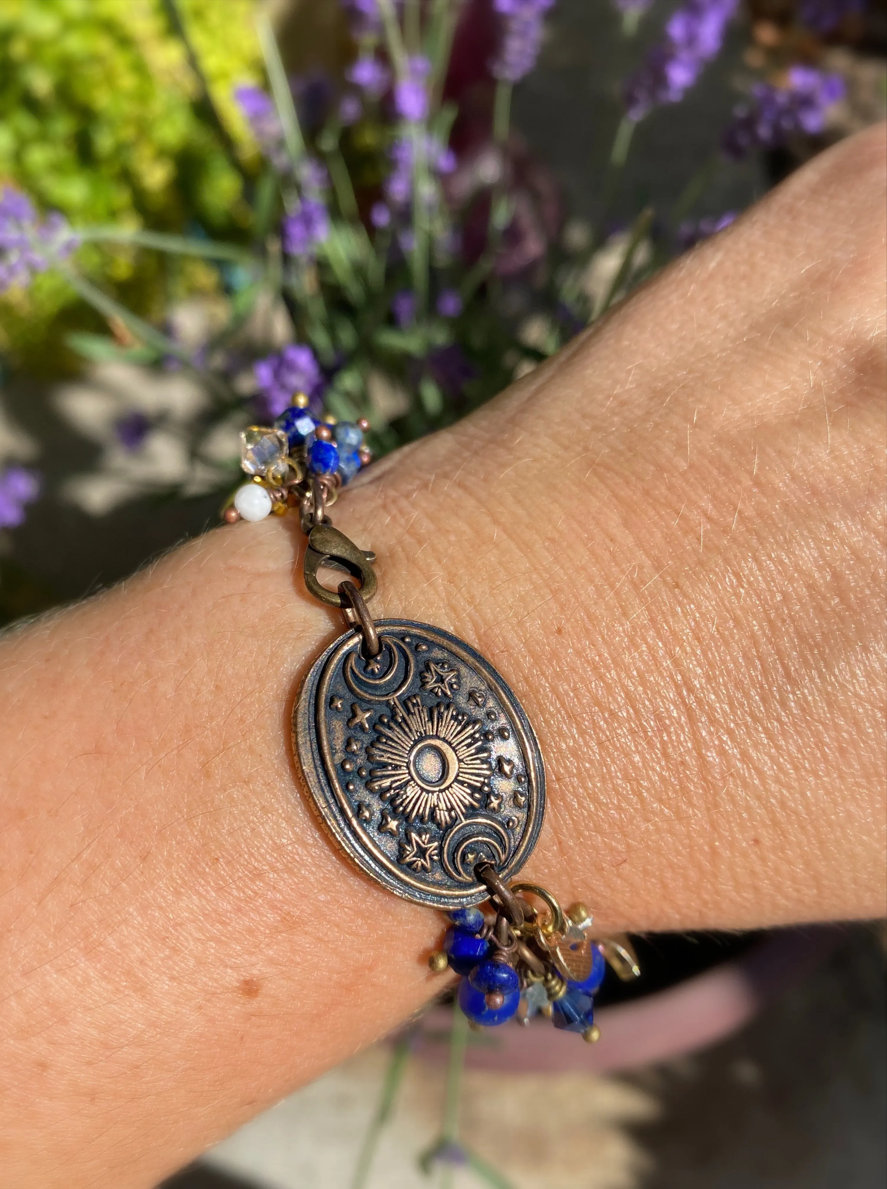 Moon and stars. Handmade bronze metal cuff, lapis lazuli stone, bracelet  KIT